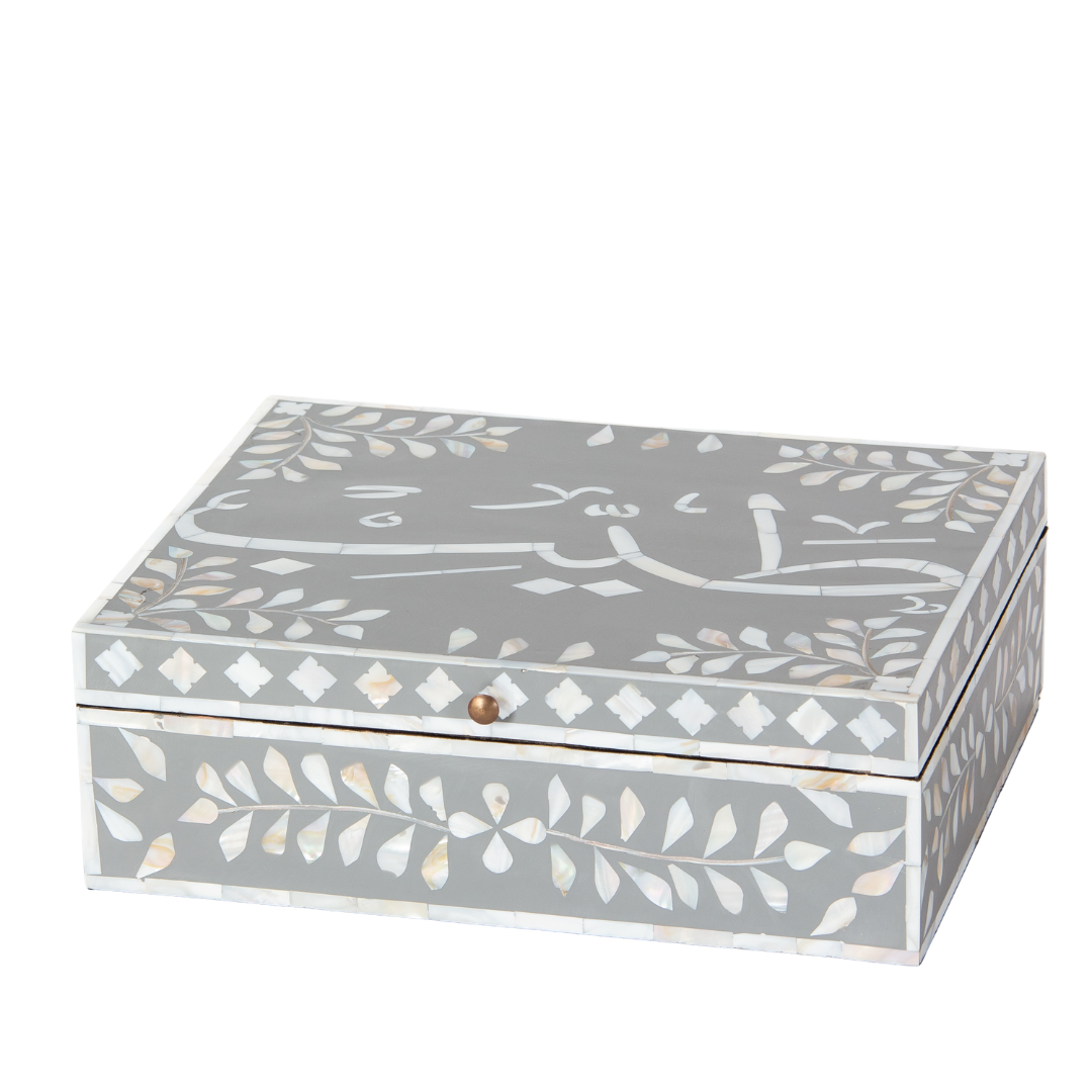 Mother of pearl inlay box featuring intricate floral pattern in grey and white, handcrafted decor piece