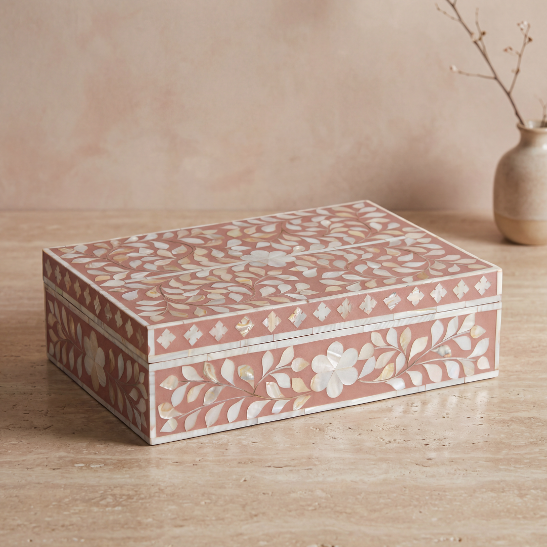 Pink mother of pearl inlay decorative box with floral pattern, handcrafted storage box in wood
