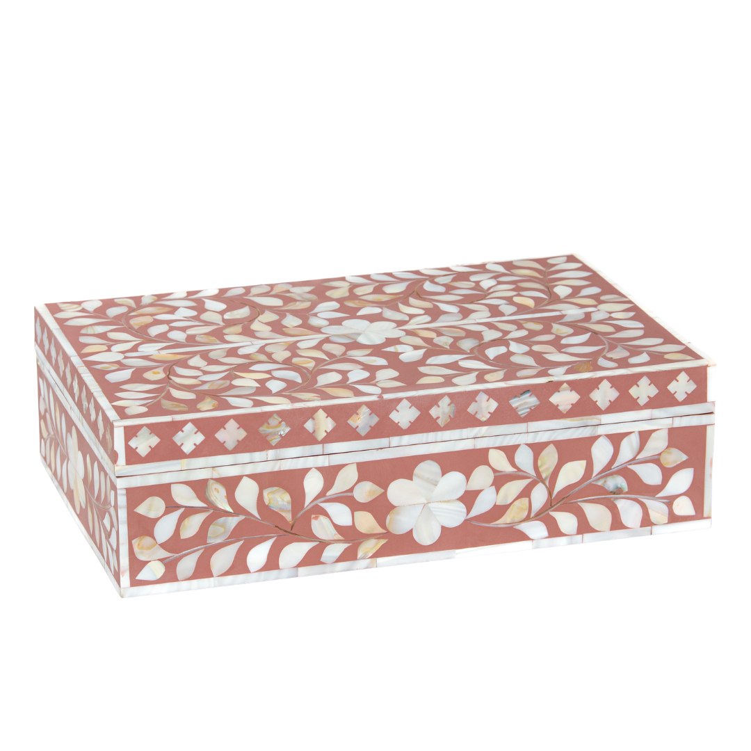 Pink mother of pearl inlay decorative box with floral pattern, handcrafted storage box in wood