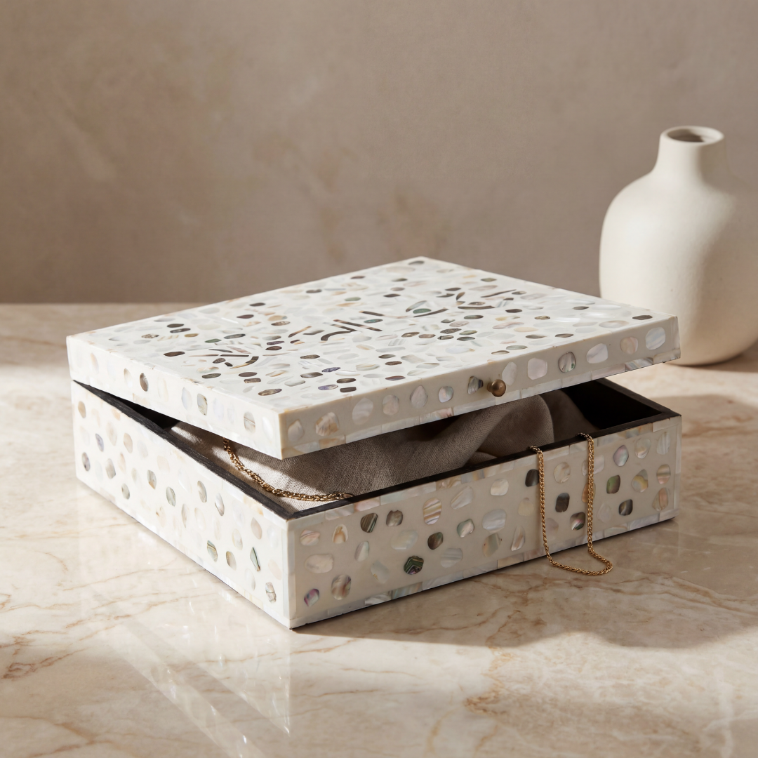 Mother of pearl inlay box featuring textured mosaic pattern in white and multitone, handcrafted decor piece