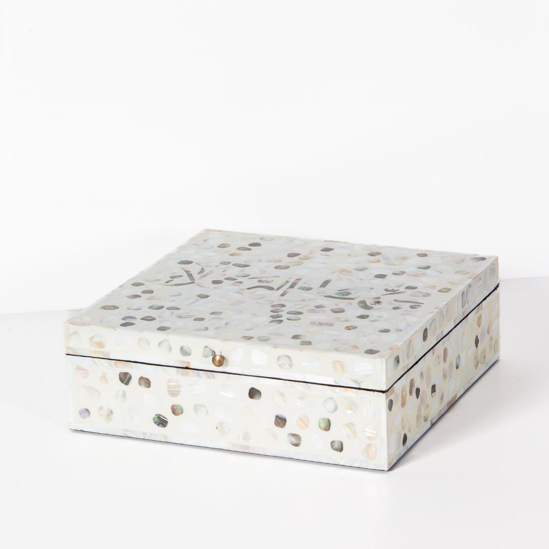 Mother of pearl inlay box featuring textured mosaic pattern in white and multitone, handcrafted decor piece