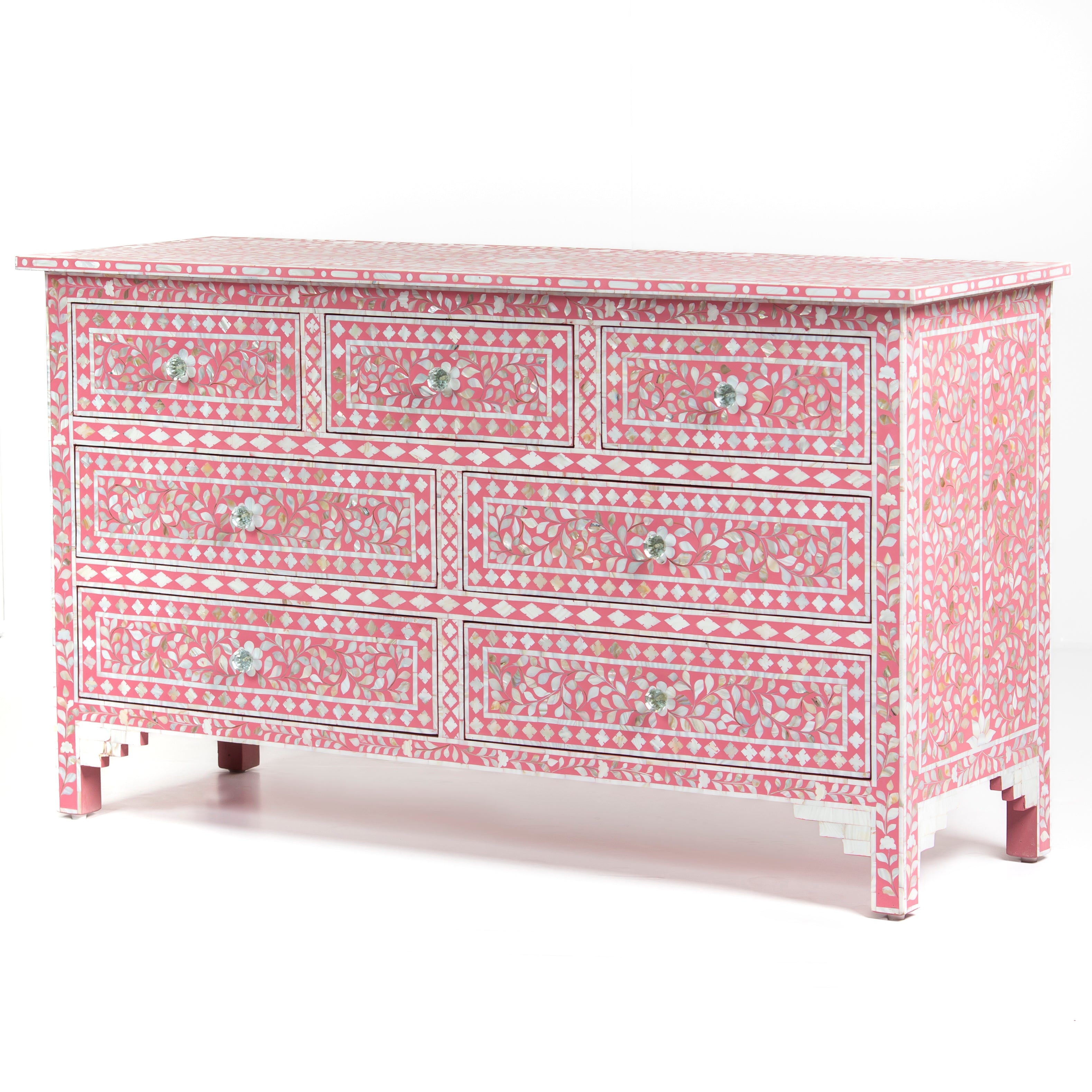 Mother of pearl inlay chest of drawers featuring intricate floral pattern in pink and white, handcrafted furniture piece