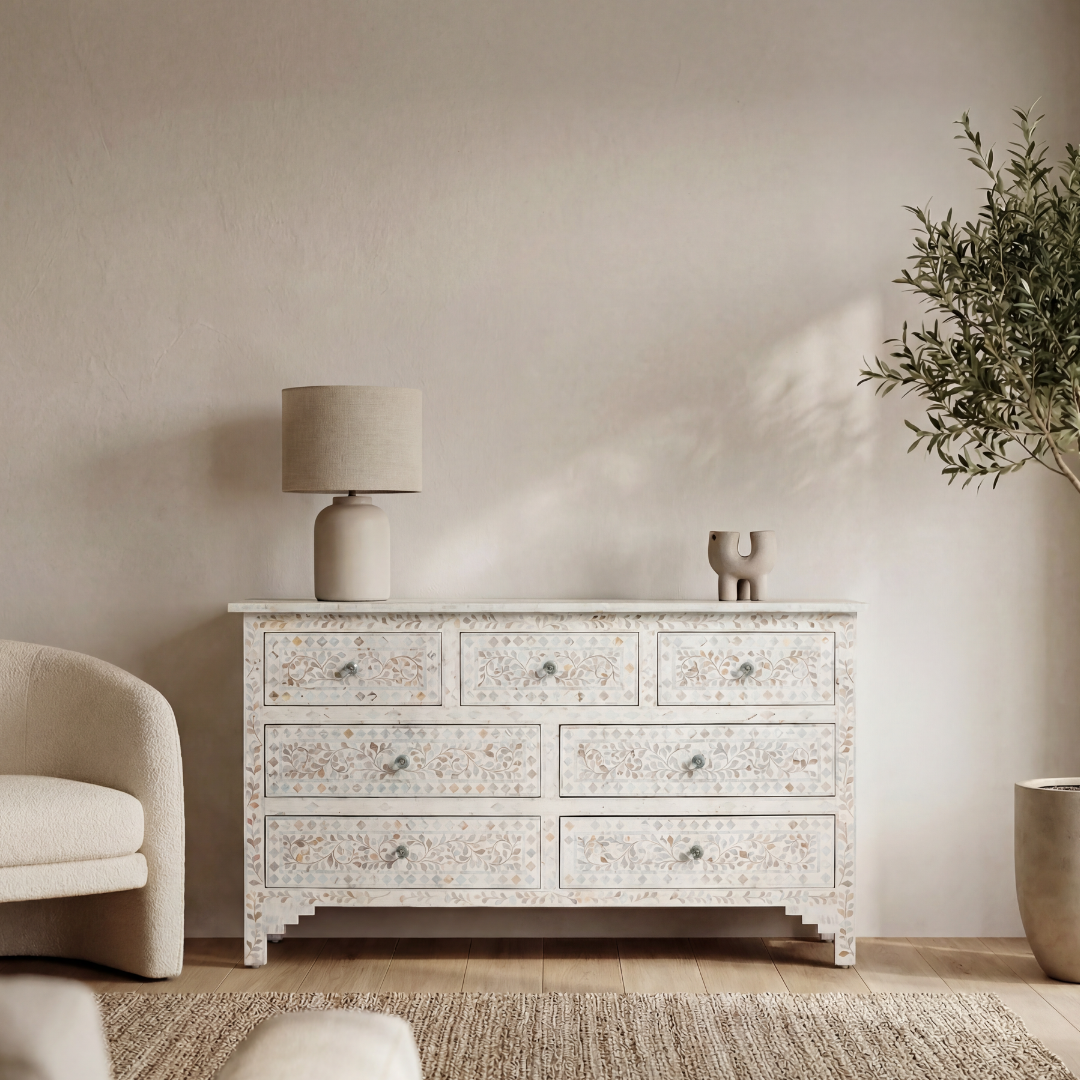 Mother of pearl inlay chest of drawers featuring intricate floral pattern in white and multitone, handcrafted furniture piece
