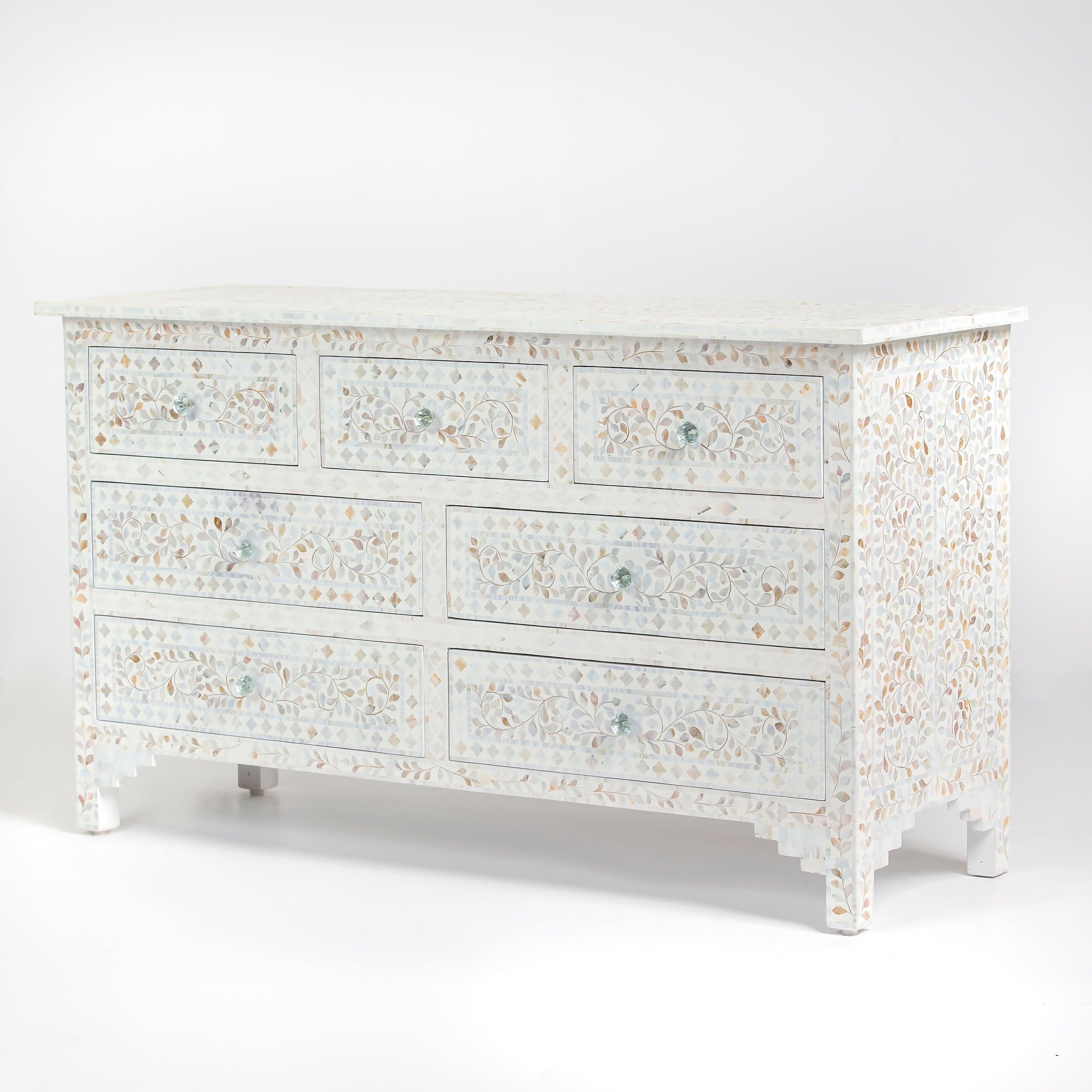Mother of pearl inlay chest of drawers featuring intricate floral pattern in white and multitone, handcrafted furniture piece