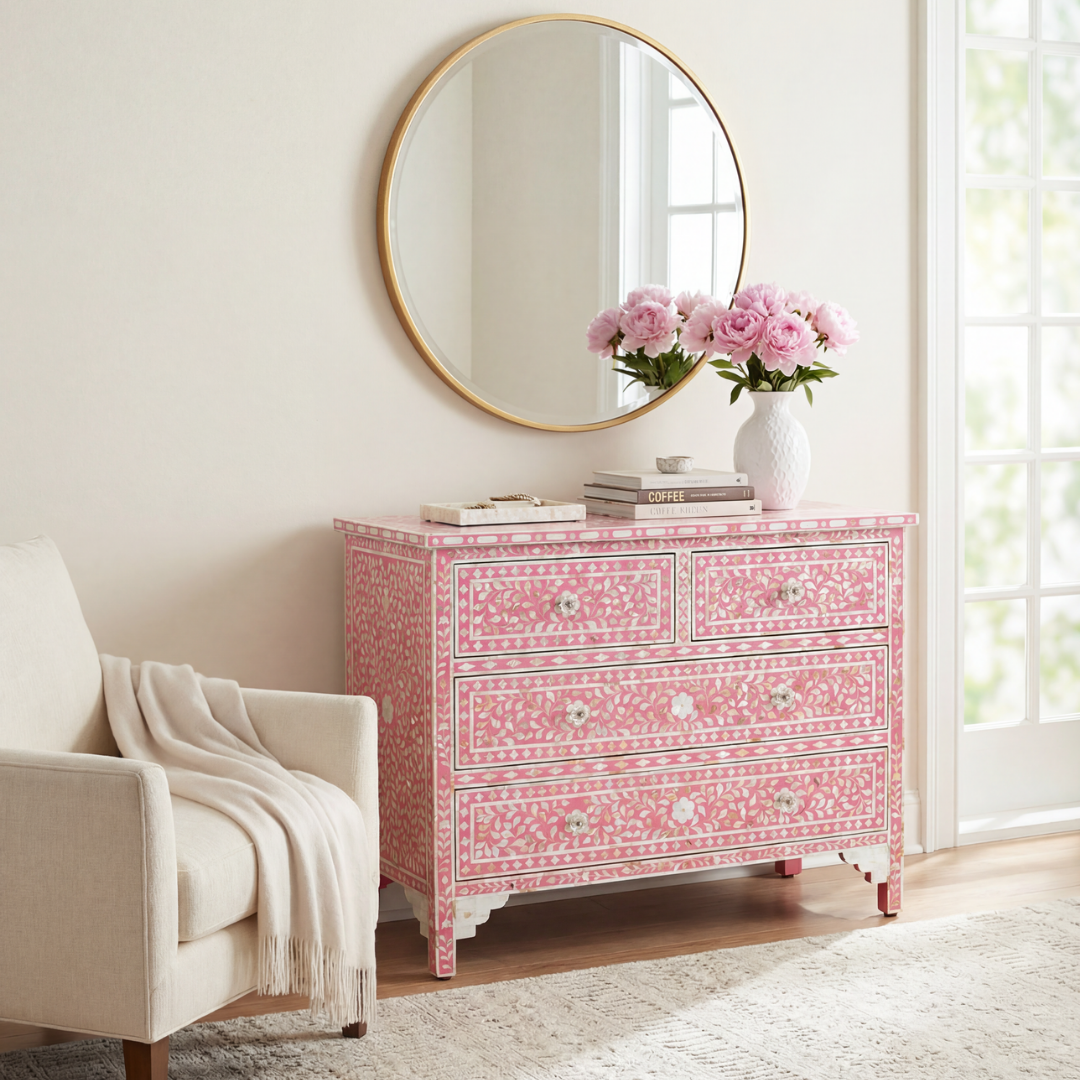 Beautifully handcrafted, pink mother of pearl chest of drawers featuring 4 drawers and crystal knobs for a soft & mesmerising interior space by Tabeer Homes.