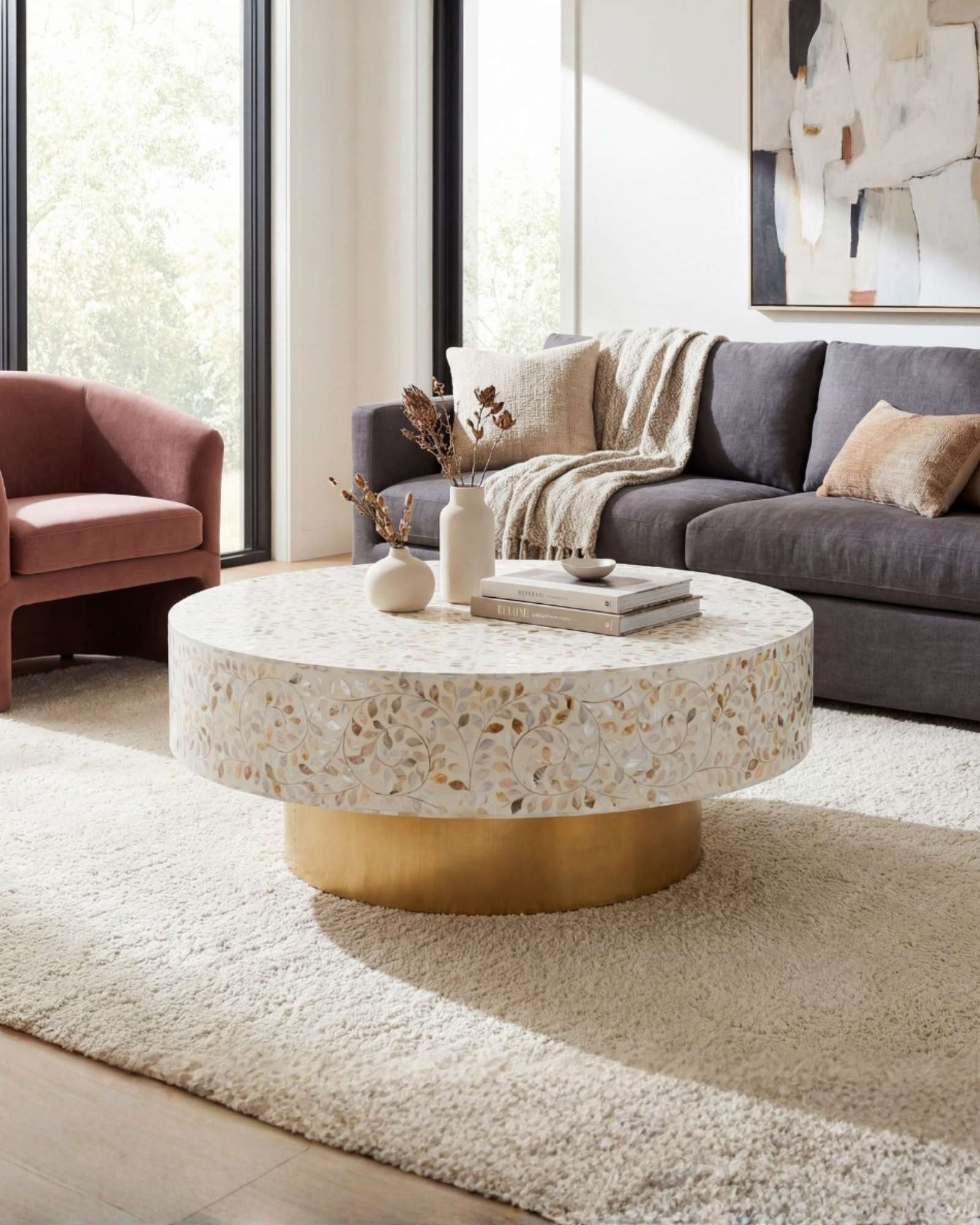 Mother of pearl inlay coffee table featuring intricate floral vine pattern in white and multitone, handcrafted furniture piece