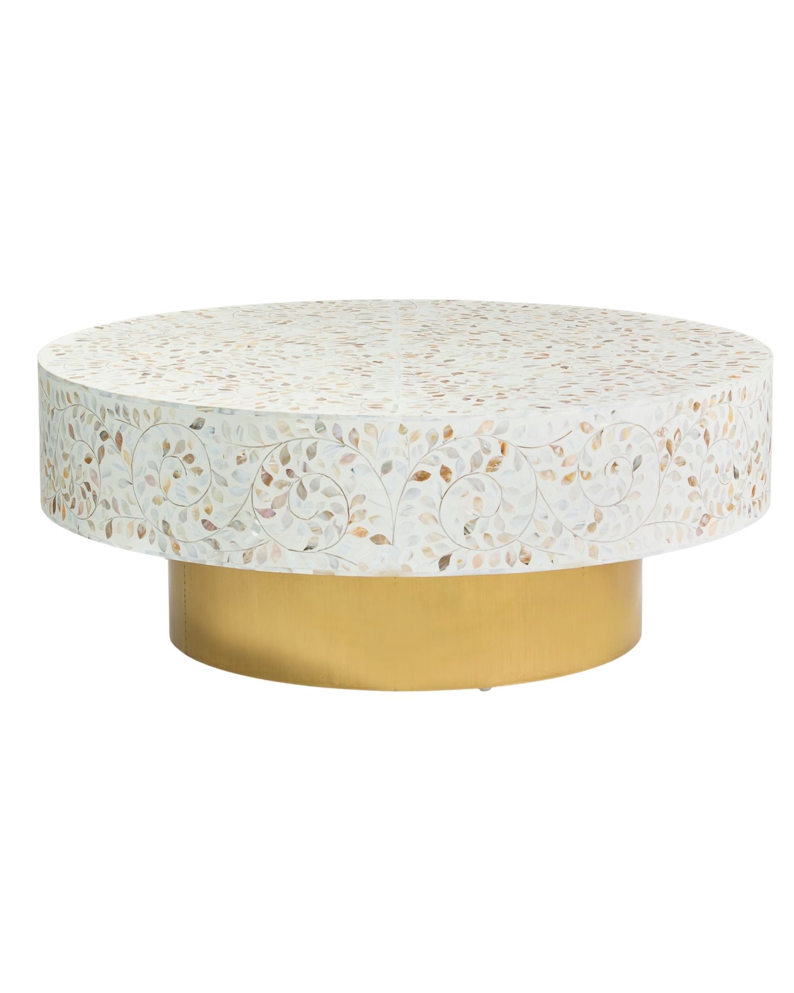 Mother of pearl inlay coffee table featuring intricate floral vine pattern in white and multitone, handcrafted furniture piece