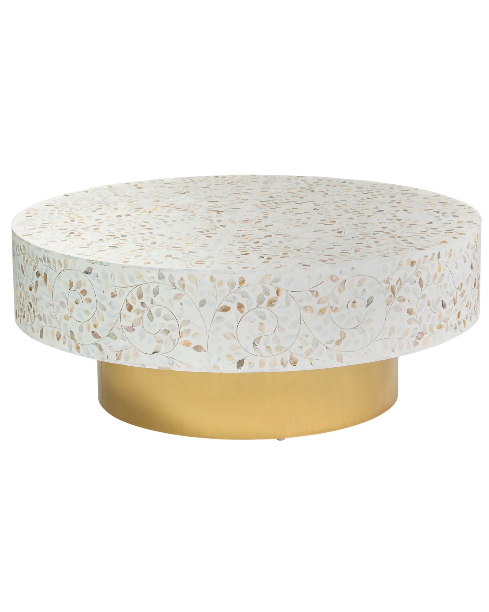 Mother of pearl inlay coffee table featuring intricate floral vine pattern in white and multitone, handcrafted furniture piece