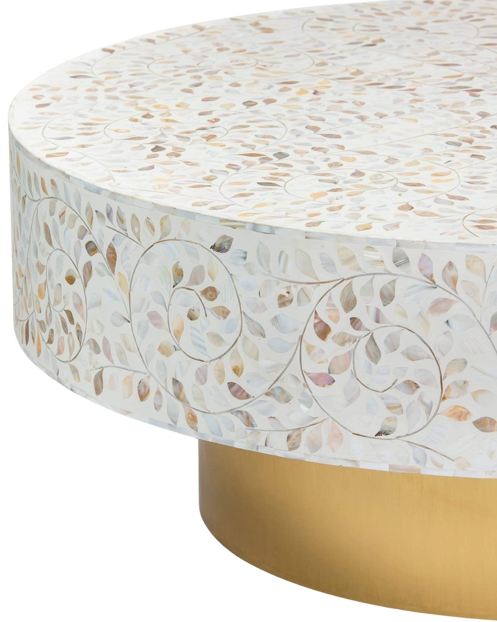 Mother of pearl inlay coffee table featuring intricate floral vine pattern in white and multitone, handcrafted furniture piece