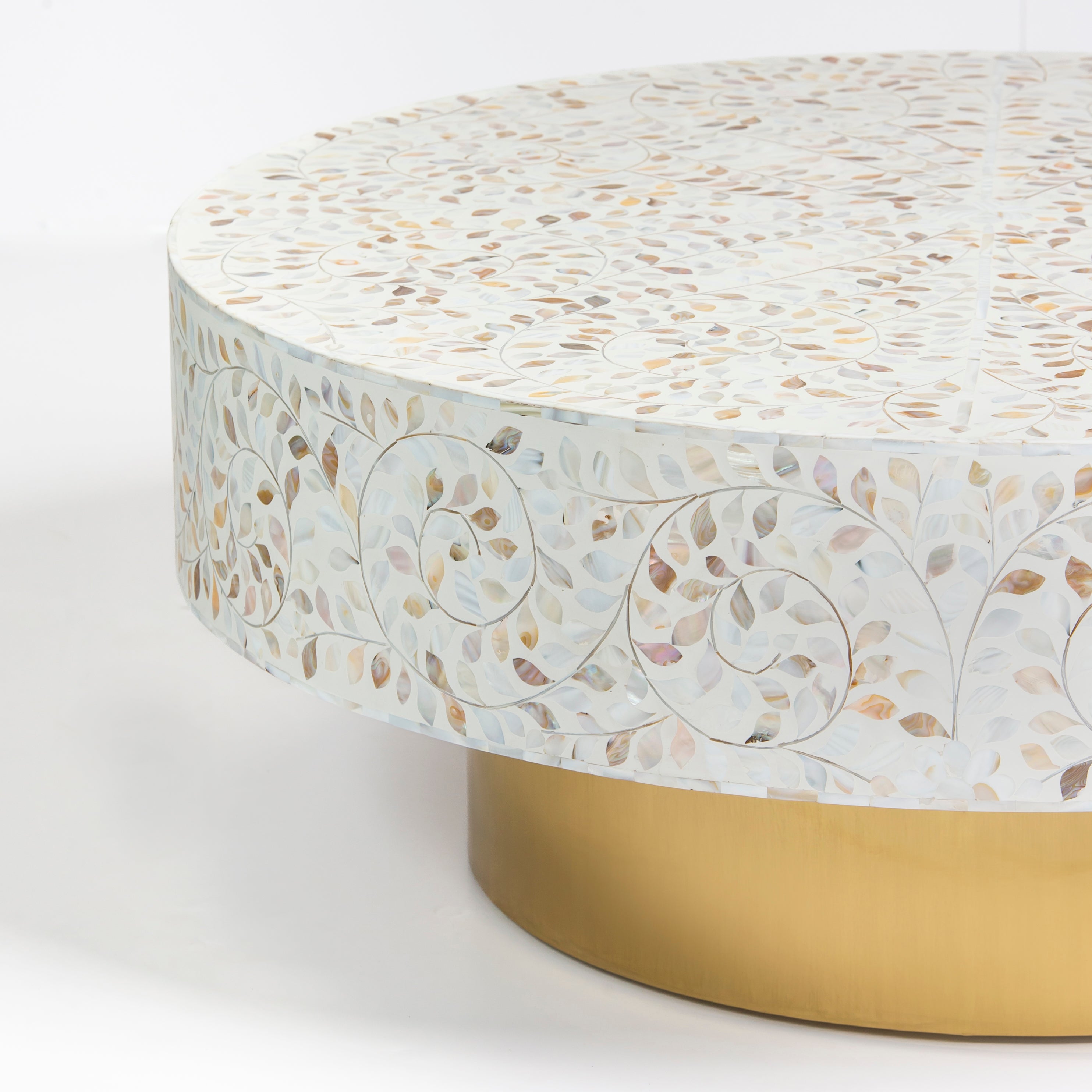 Mother of pearl inlay coffee table featuring intricate floral vine pattern in white and multitone, handcrafted furniture piece