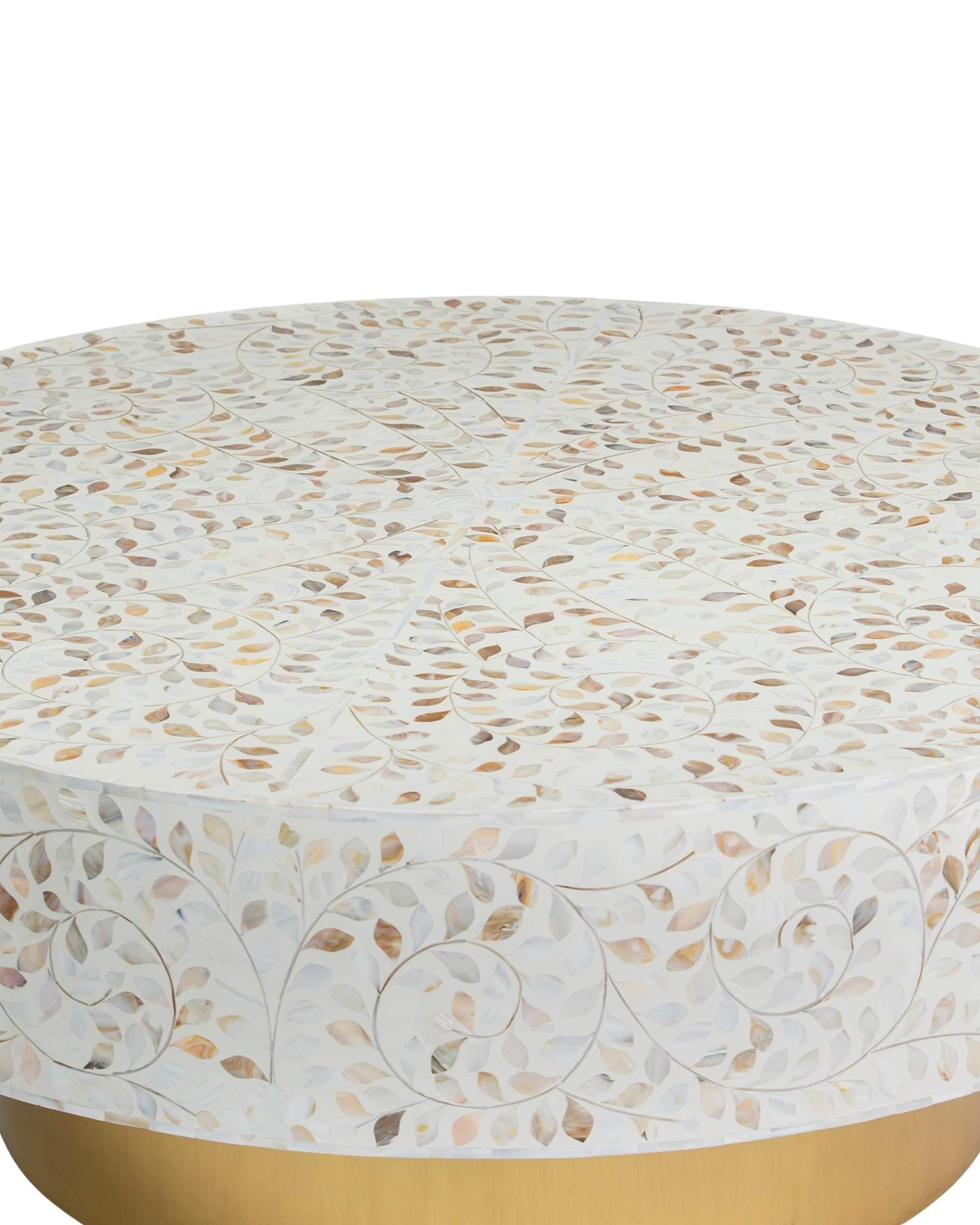 Mother of pearl inlay coffee table featuring intricate floral vine pattern in white and multitone, handcrafted furniture piece