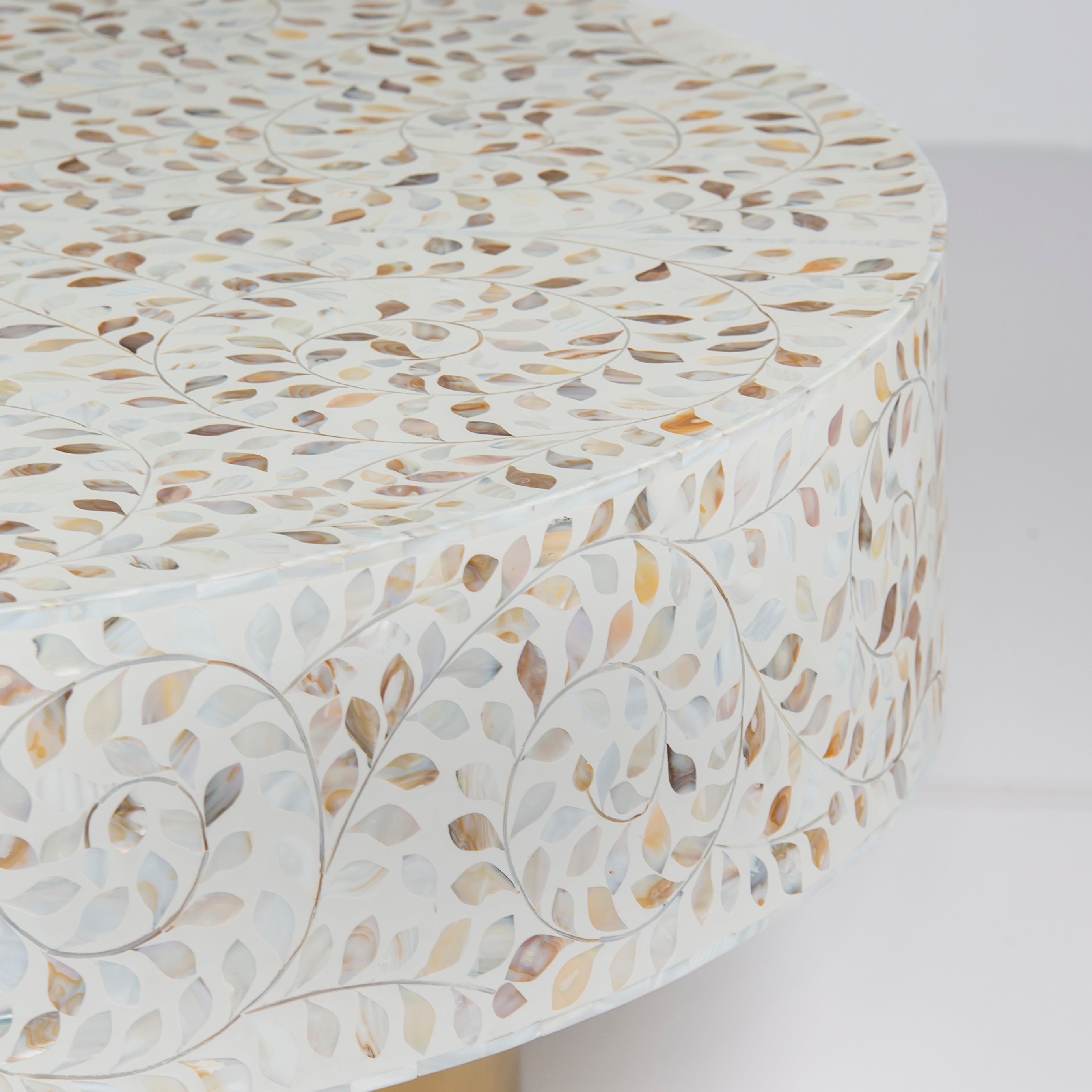 Mother of pearl inlay coffee table featuring intricate floral vine pattern in white and multitone, handcrafted furniture piece