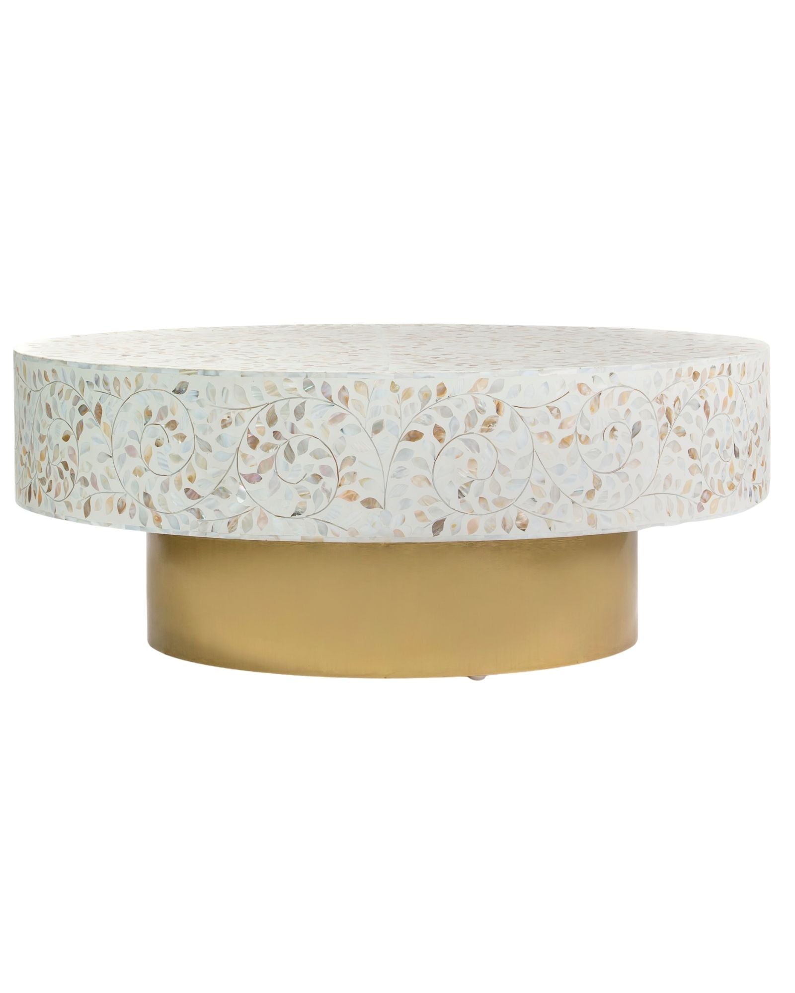 Mother of pearl inlay coffee table featuring intricate floral vine pattern in white and multitone, handcrafted furniture piece