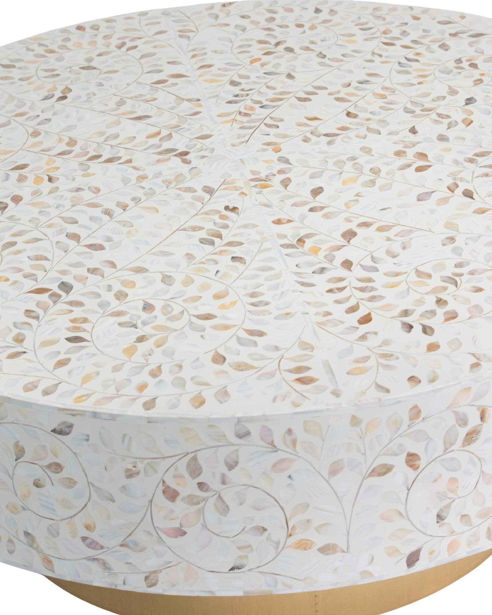 Mother of pearl inlay coffee table featuring intricate floral vine pattern in white and multitone, handcrafted furniture piece