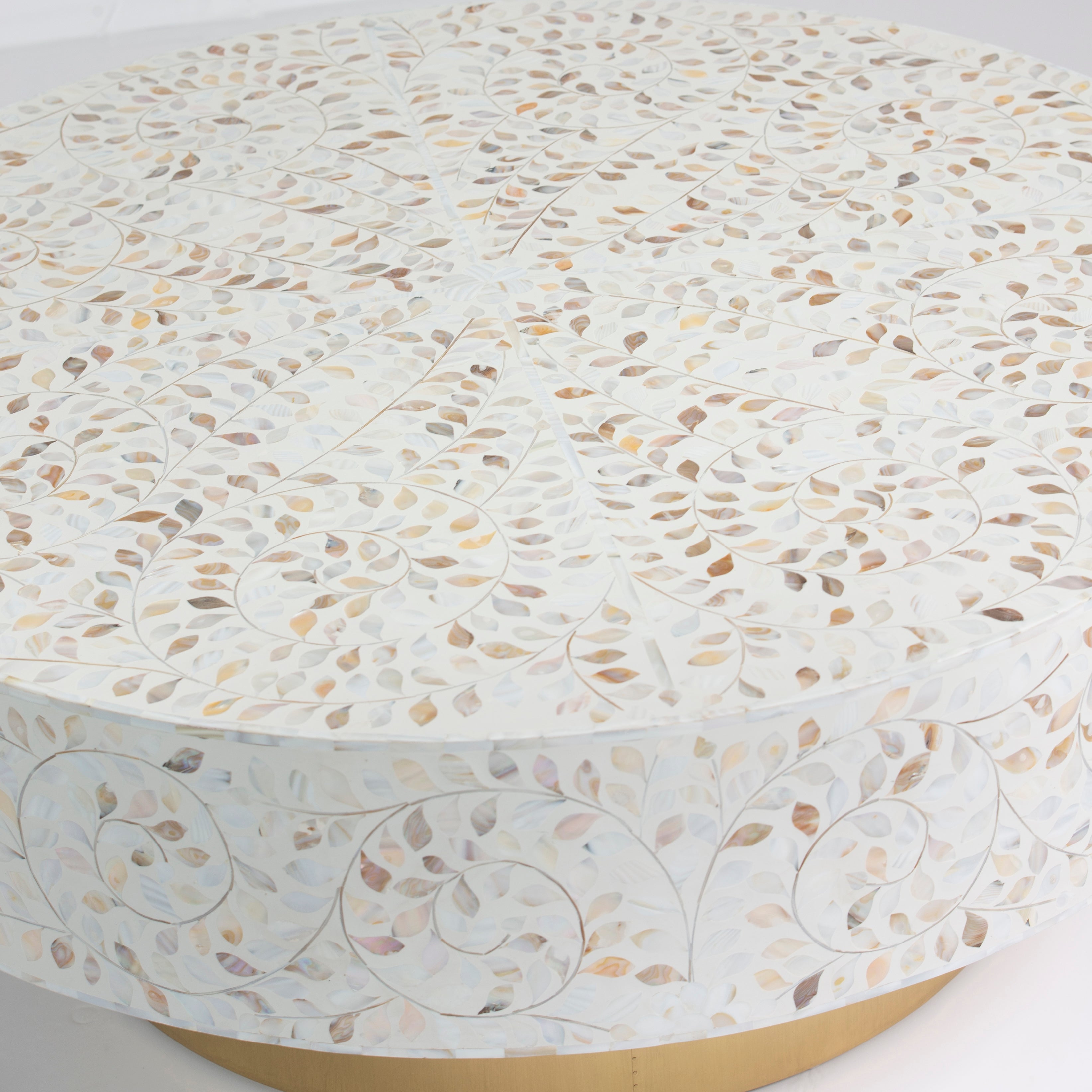 Mother of pearl inlay coffee table featuring intricate floral vine pattern in white and multitone, handcrafted furniture piece