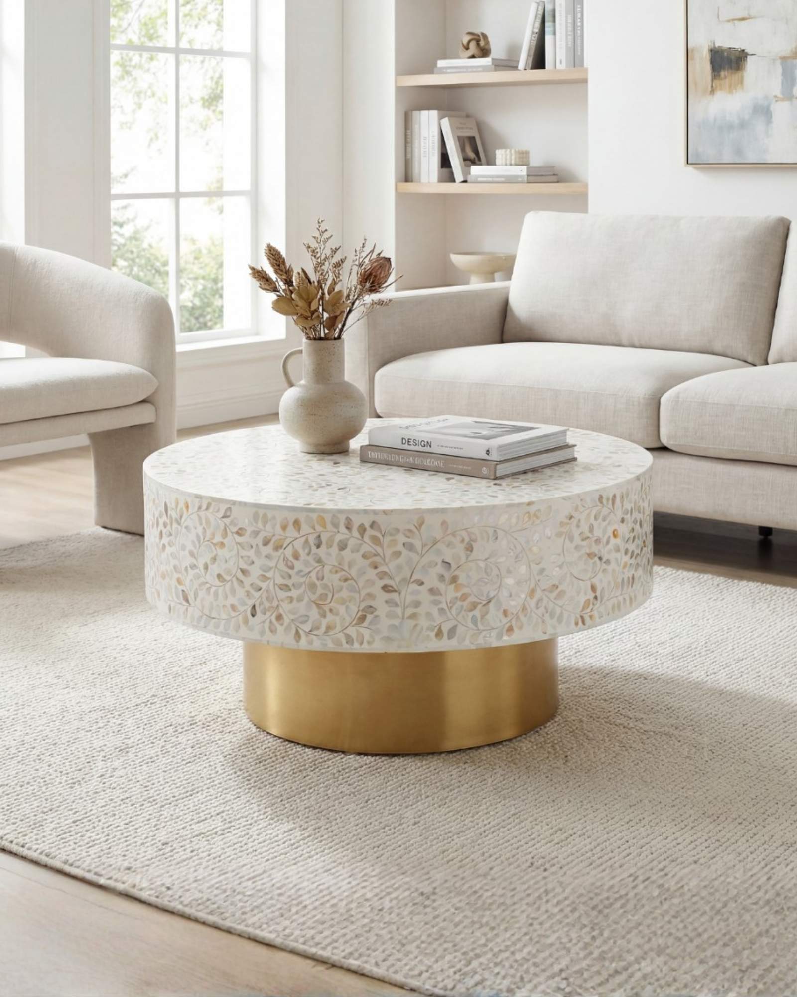 Mother of pearl inlay coffee table featuring intricate floral vine pattern in white and multitone, handcrafted furniture piece