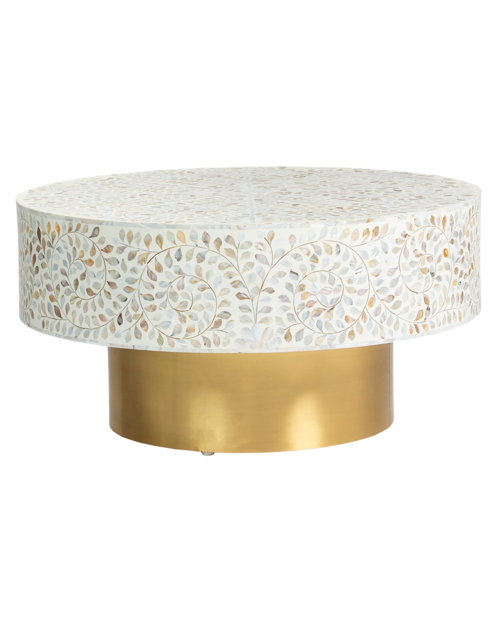 Mother of pearl inlay coffee table featuring intricate floral vine pattern in white and multitone, handcrafted furniture piece.