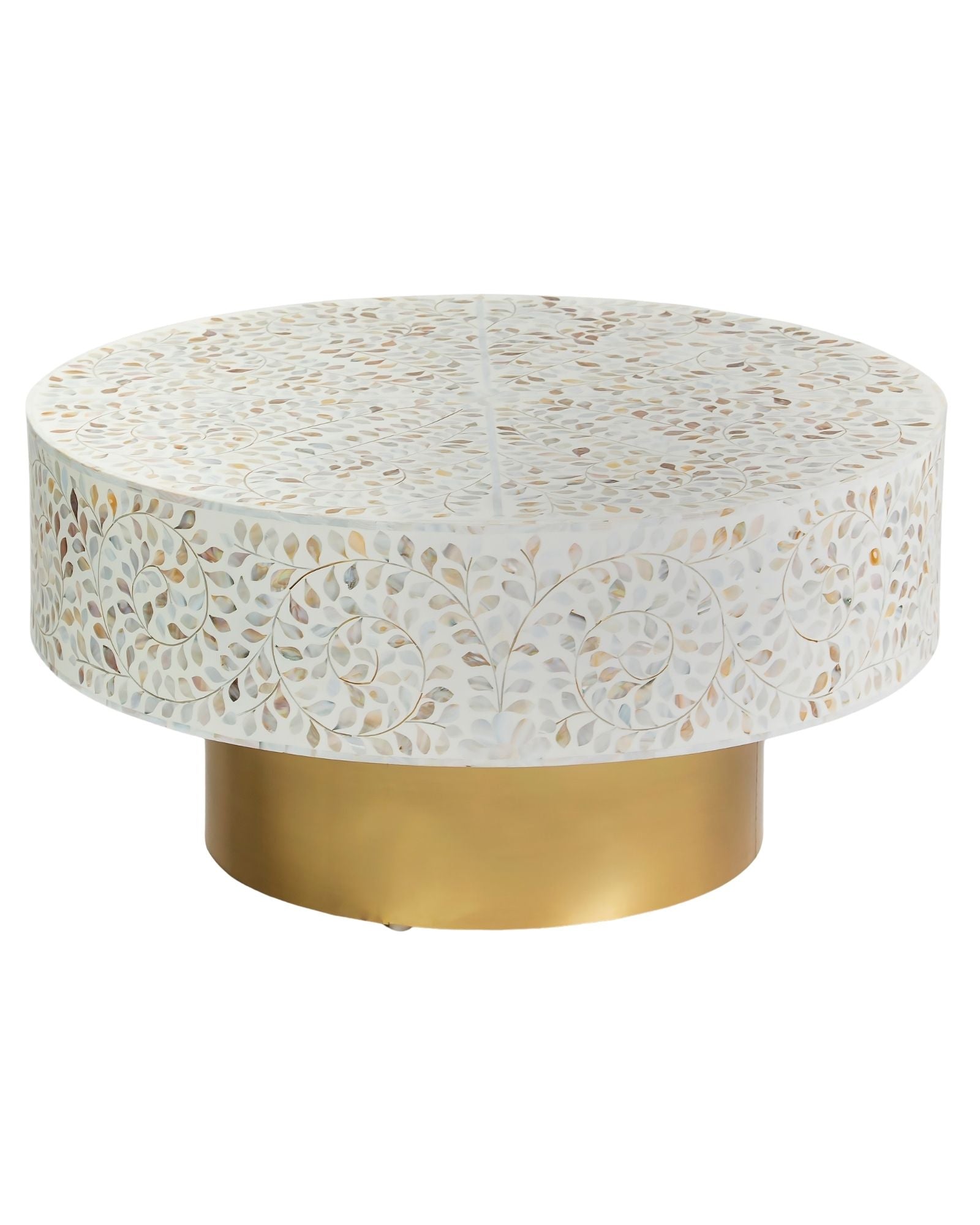 Mother of pearl inlay coffee table featuring intricate floral vine pattern in white and multitone, handcrafted furniture piece.