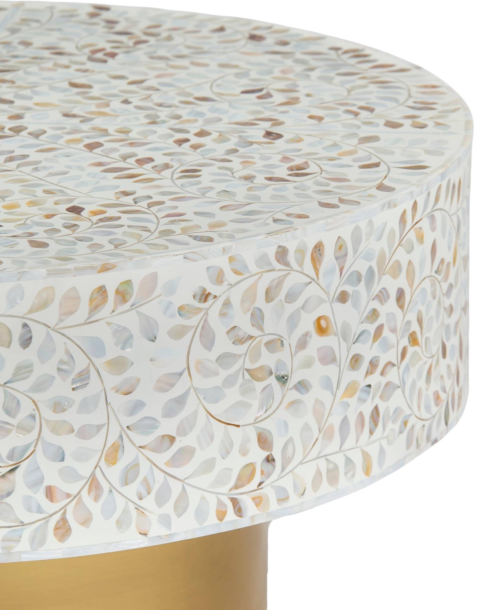 Mother of pearl inlay coffee table featuring intricate floral vine pattern in white and multitone, handcrafted furniture piece.