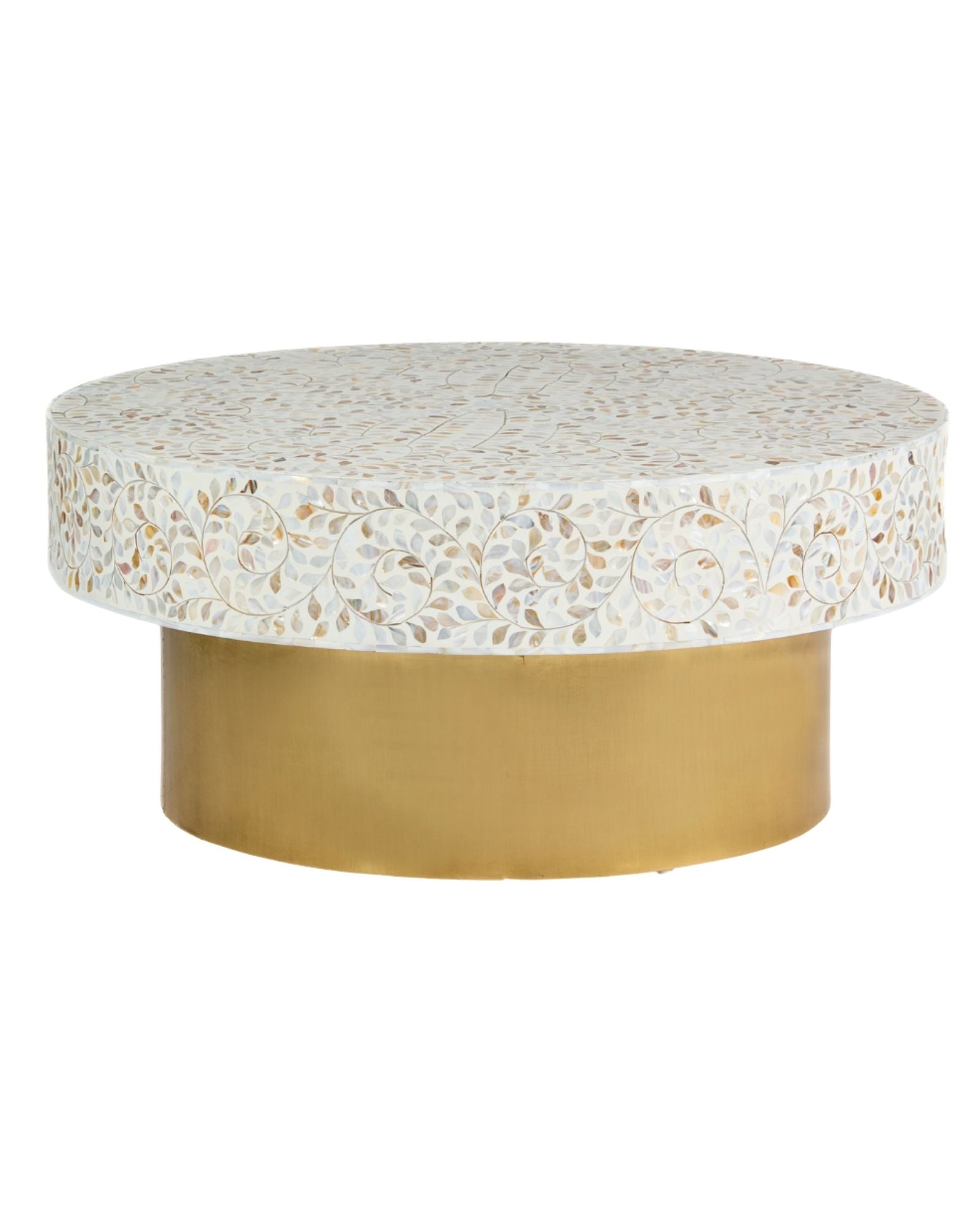 White mother of pearl inlay coffee table featuring intricate floral vine design and brushed gold cylindrical base by Tabeer Homes.