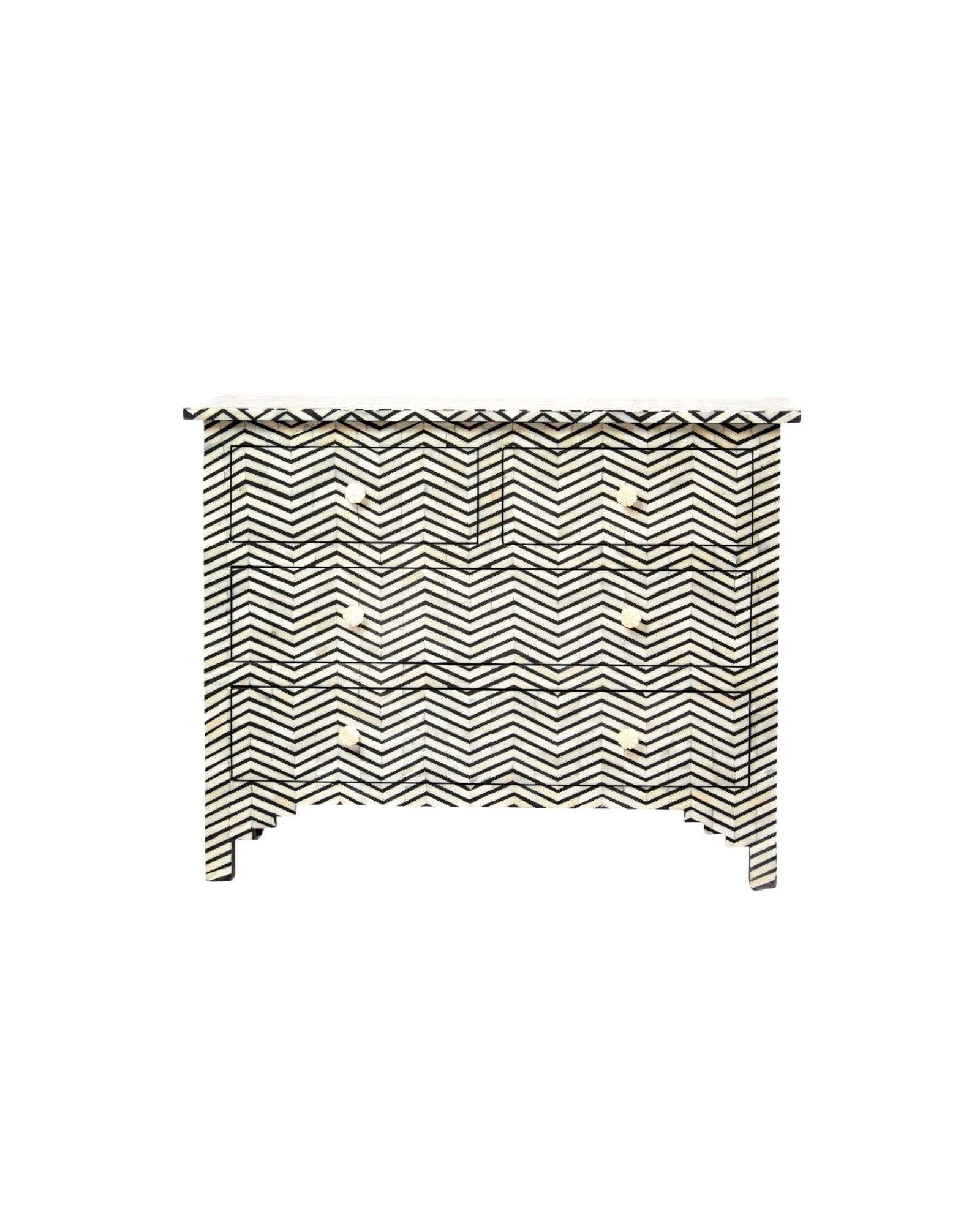 Featuring a Black Bone Inlay Chest of Drawer in chevron pattern, the Isra collection enhances your space with intricately handcrafted designs that elevate your home and living aesthetics. 