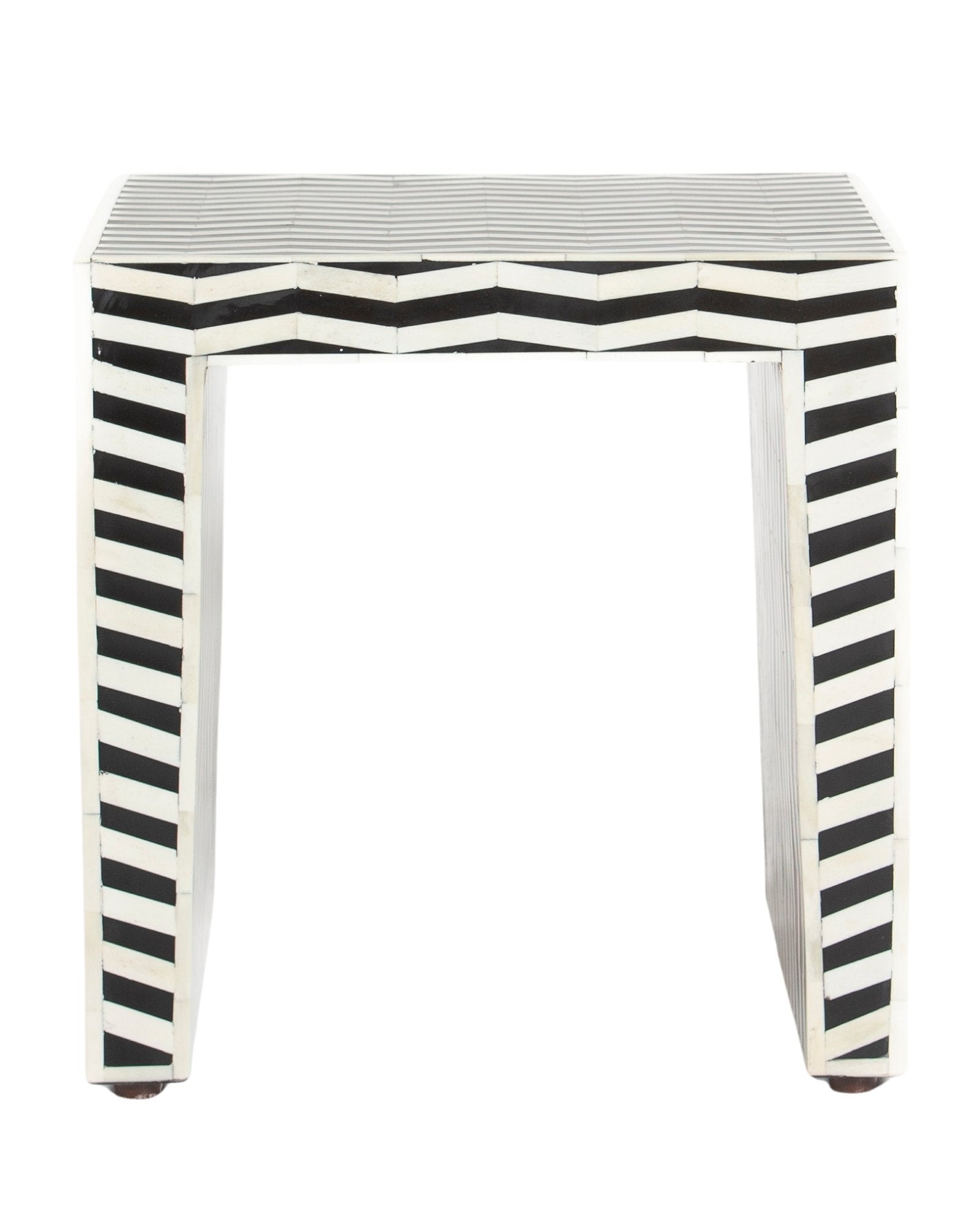Handcrafted Isra side table featuring black bone inlay with geometric striped detailing and a compact cubic form.