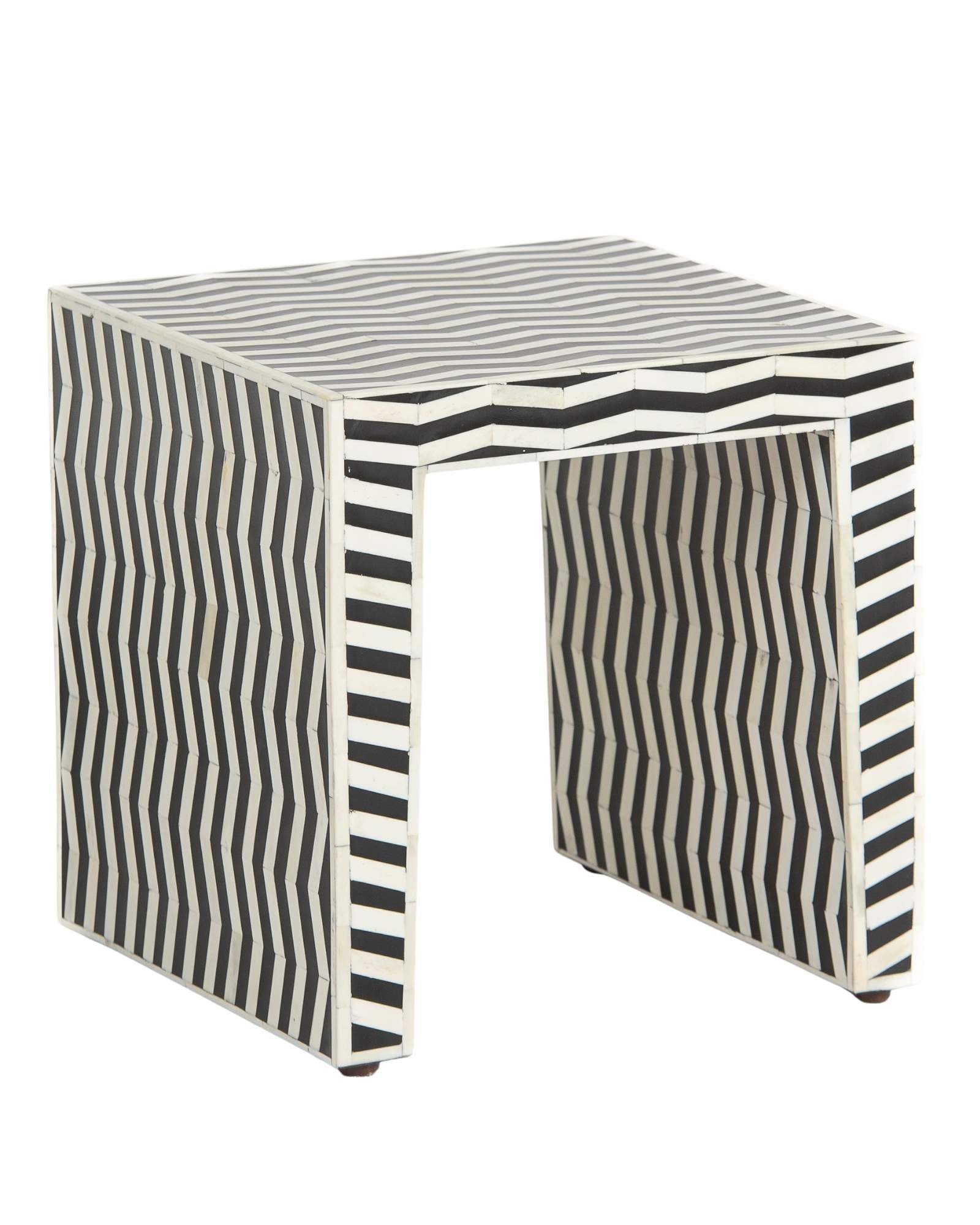 Handcrafted Isra side table featuring black bone inlay with geometric striped detailing and a compact cubic form.