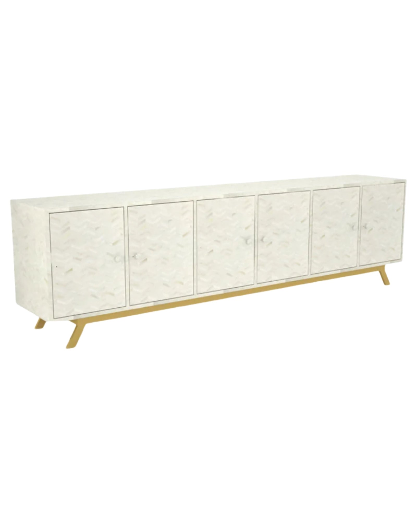 Handcrafted beige cabinet with intricate bone inlay, featuring a striped pattern and sleek metal legs. A luxurious storage solution for any space.