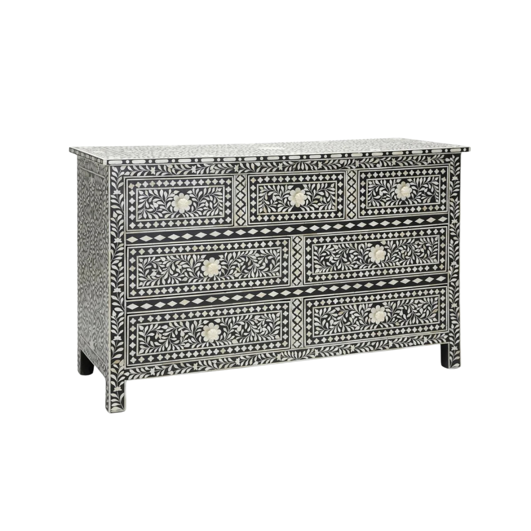Featuring a Black Bone Inlay Chest of Drawer in floral pattern, the Iris collection enhances your space with intricately handcrafted designs that elevate your home and living aesthetics. 