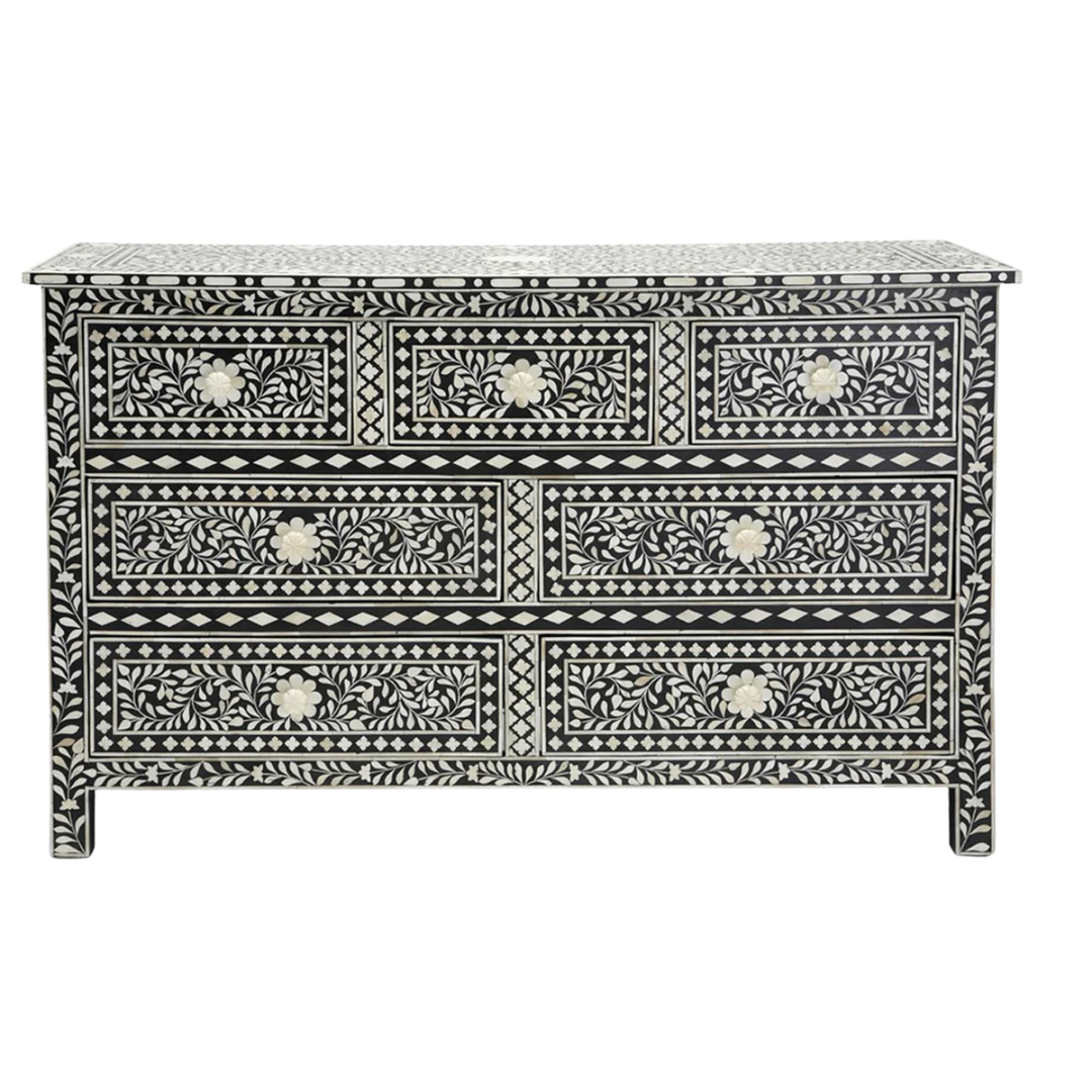 Featuring a Black Bone Inlay Chest of Drawer in floral pattern, the Iris collection enhances your space with intricately handcrafted designs that elevate your home and living aesthetics. 