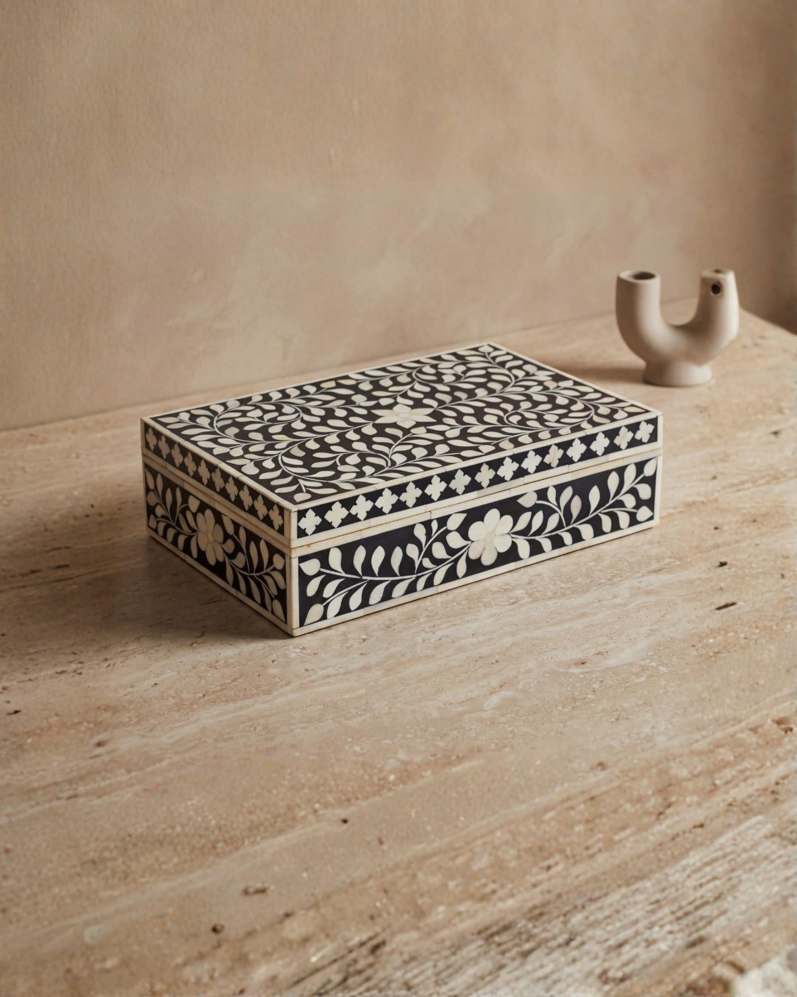 Black bone inlay decorative box with floral pattern, handcrafted storage box with intricate detailing.
