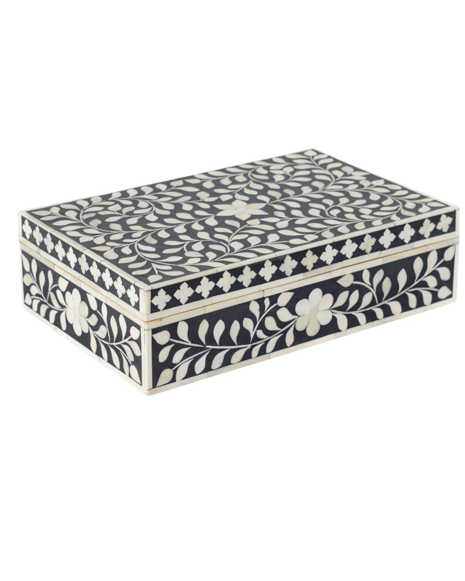 Black bone inlay decorative box with floral pattern, handcrafted storage box with intricate detailing.