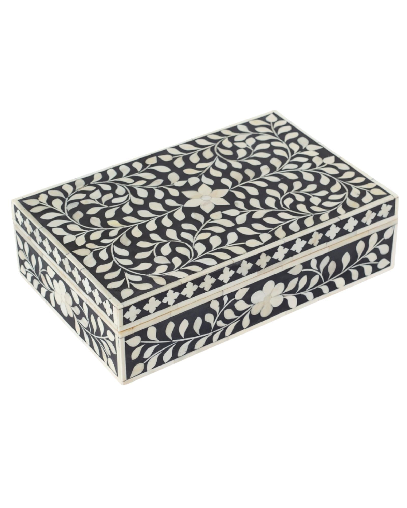 Black bone inlay decorative box with floral pattern, handcrafted storage box with intricate detailing.