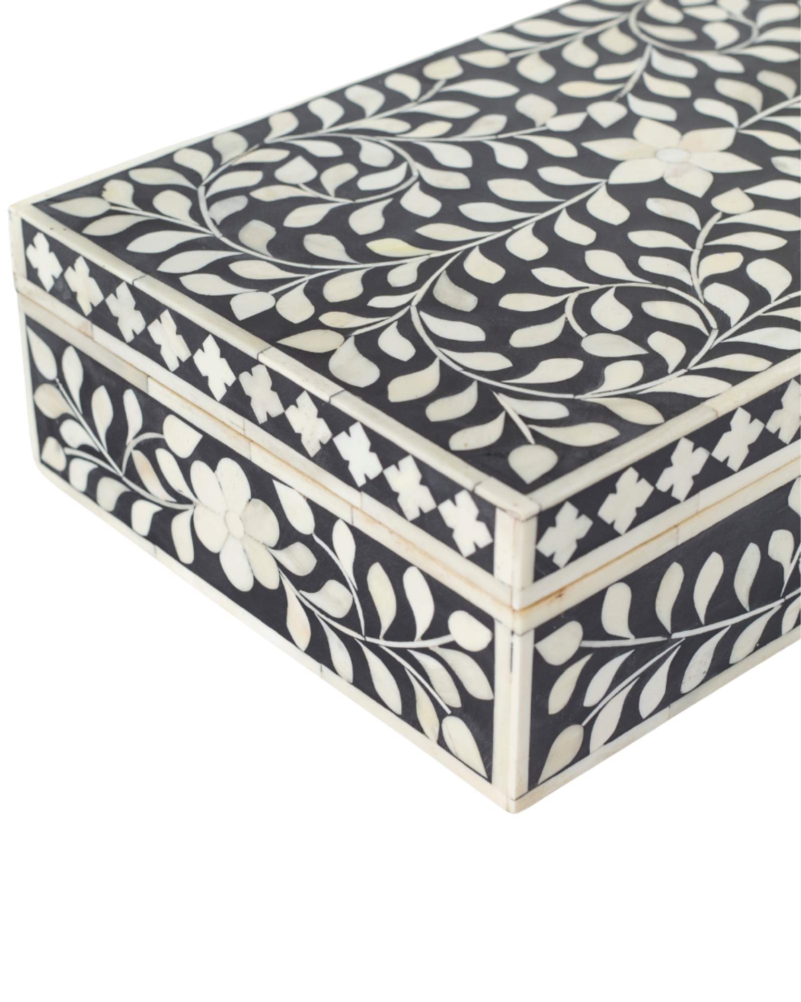 Black bone inlay decorative box with floral pattern, handcrafted storage box with intricate detailing.
