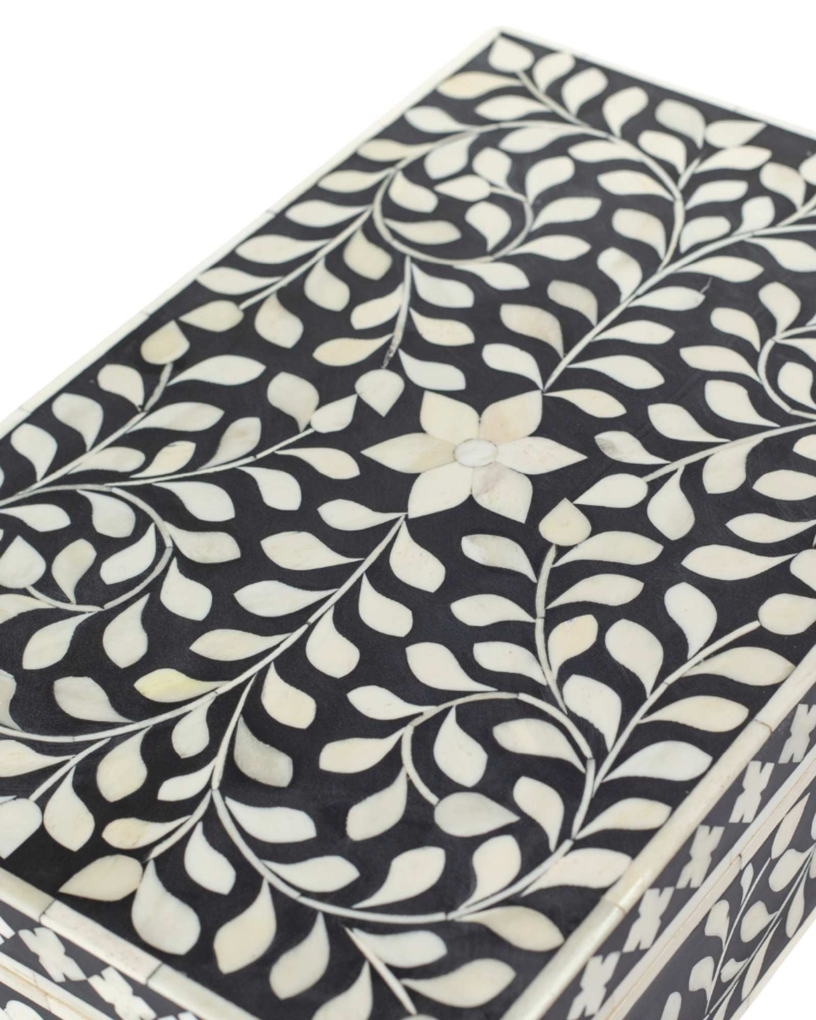 Black bone inlay decorative box with floral pattern, handcrafted storage box with intricate detailing.