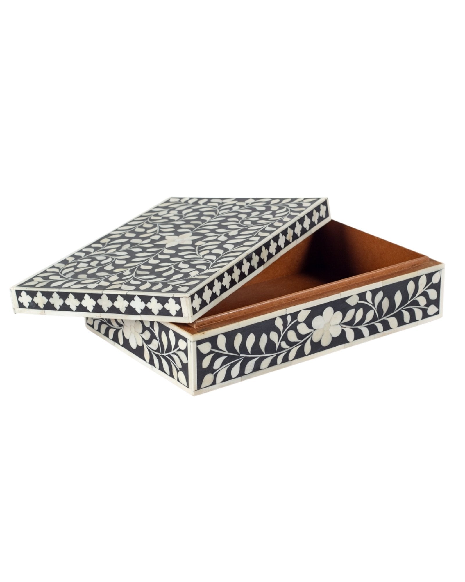 Black bone inlay decorative box with floral pattern, handcrafted storage box with intricate detailing.