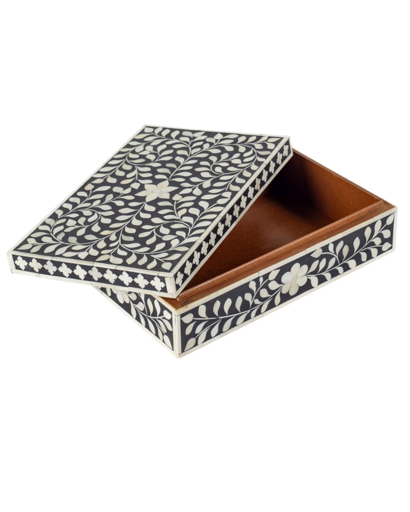 Black bone inlay decorative box with floral pattern, handcrafted storage box with intricate detailing.
