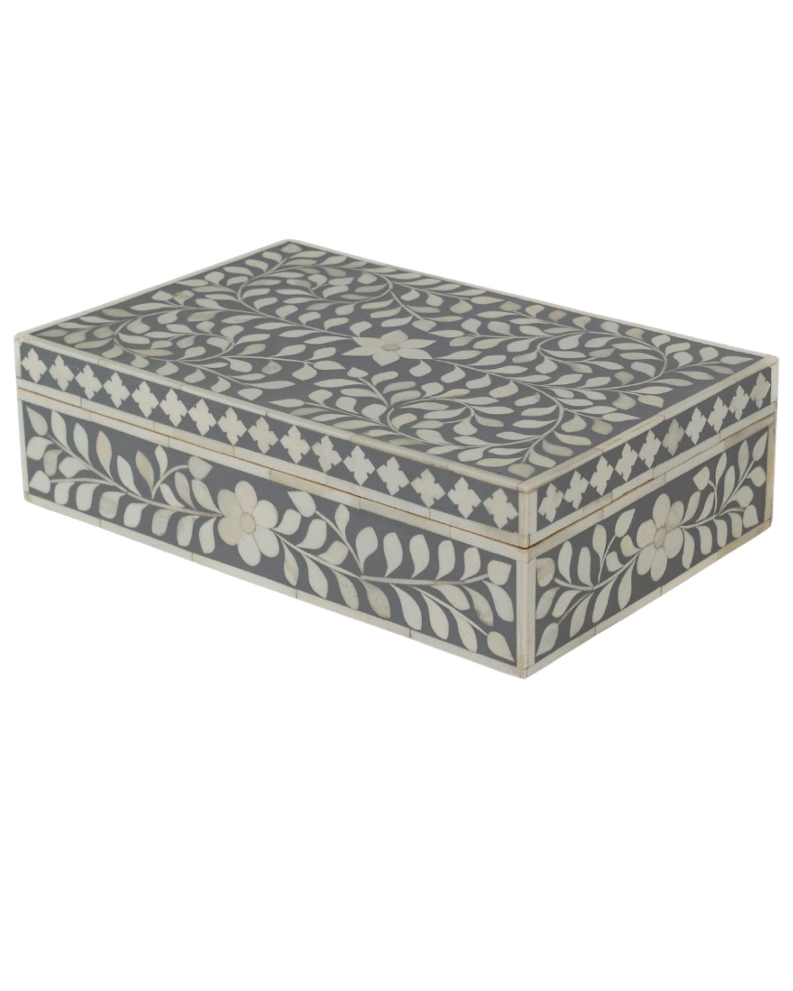 A soft grey decorative box crafted in bone inlay, combining subtle tones with intricate floral detailing.