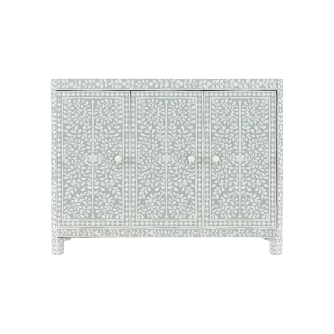 Handcrafted grey Cabinet with intricate Bone inlay, featuring a floral pattern and sleek Bone legs. A luxurious storage solution for any space. 