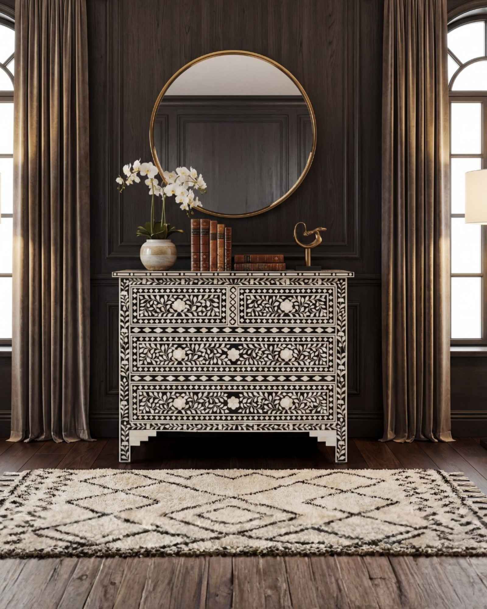 Bone inlay chest of drawers featuring intricate floral pattern in black and white, handcrafted furniture piece.
