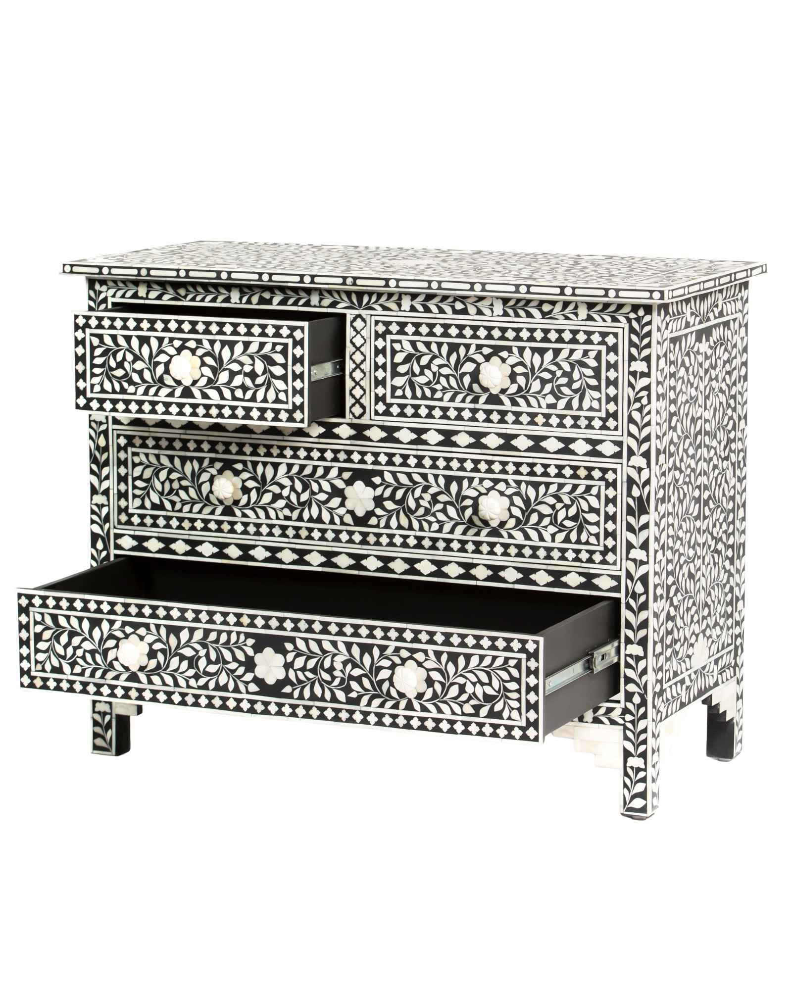 Bone inlay chest of drawers featuring intricate floral pattern in black and white, handcrafted furniture piece.