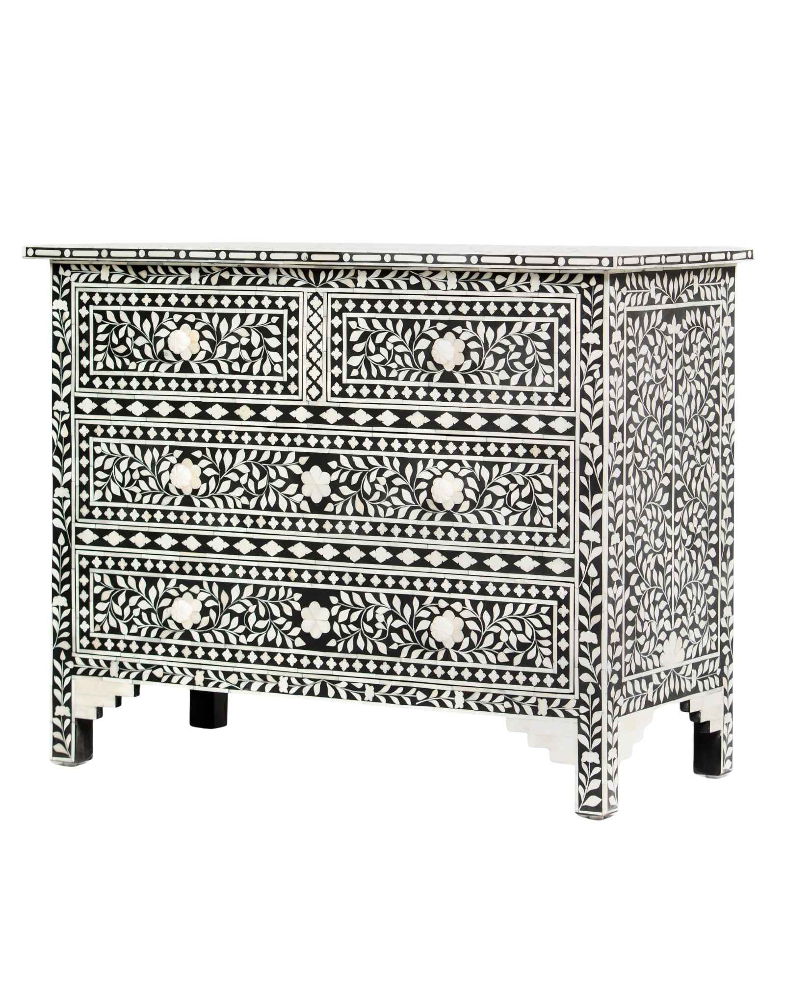 Bone inlay chest of drawers featuring intricate floral pattern in black and white, handcrafted furniture piece.