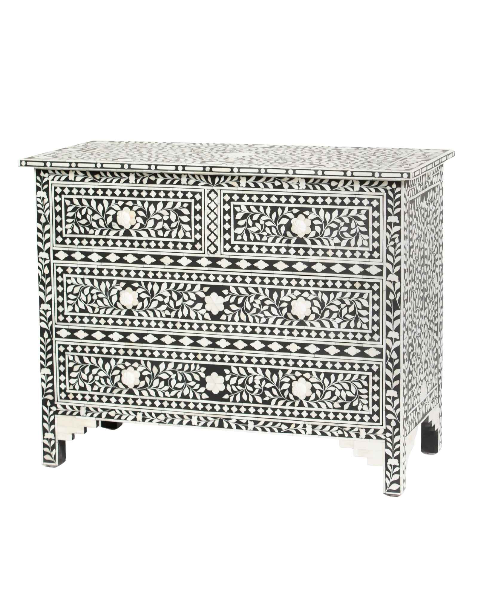 Bone inlay chest of drawers featuring intricate floral pattern in black and white, handcrafted furniture piece.