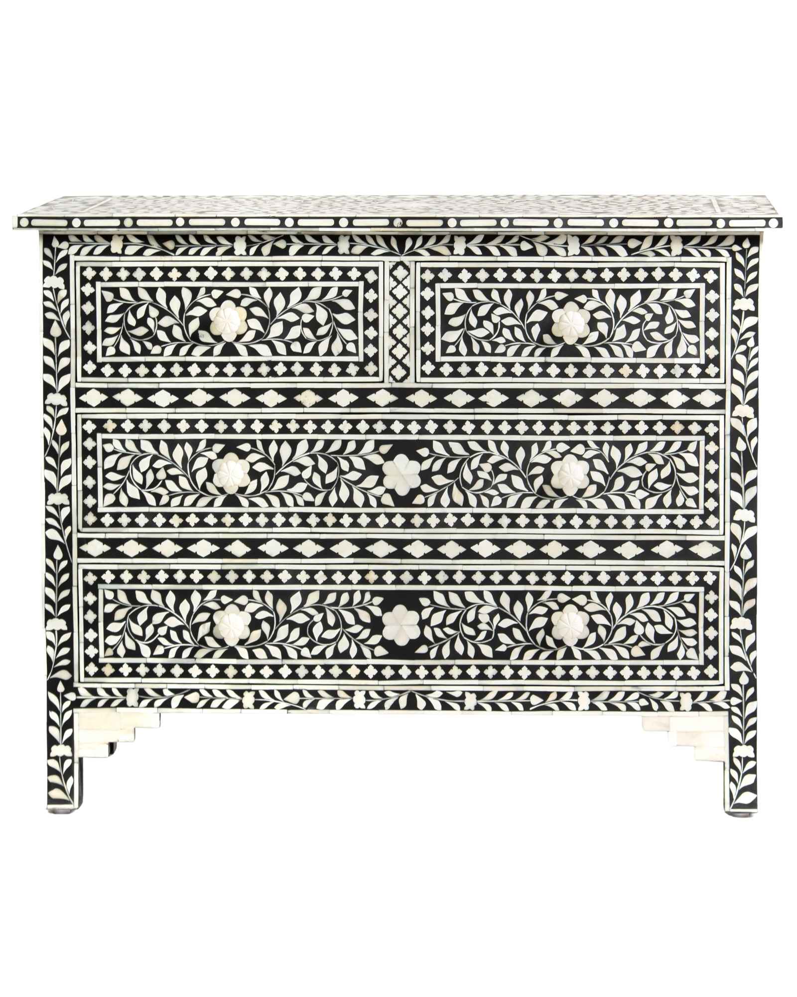Bone inlay chest of drawers featuring intricate floral pattern in black and white, handcrafted furniture piece.