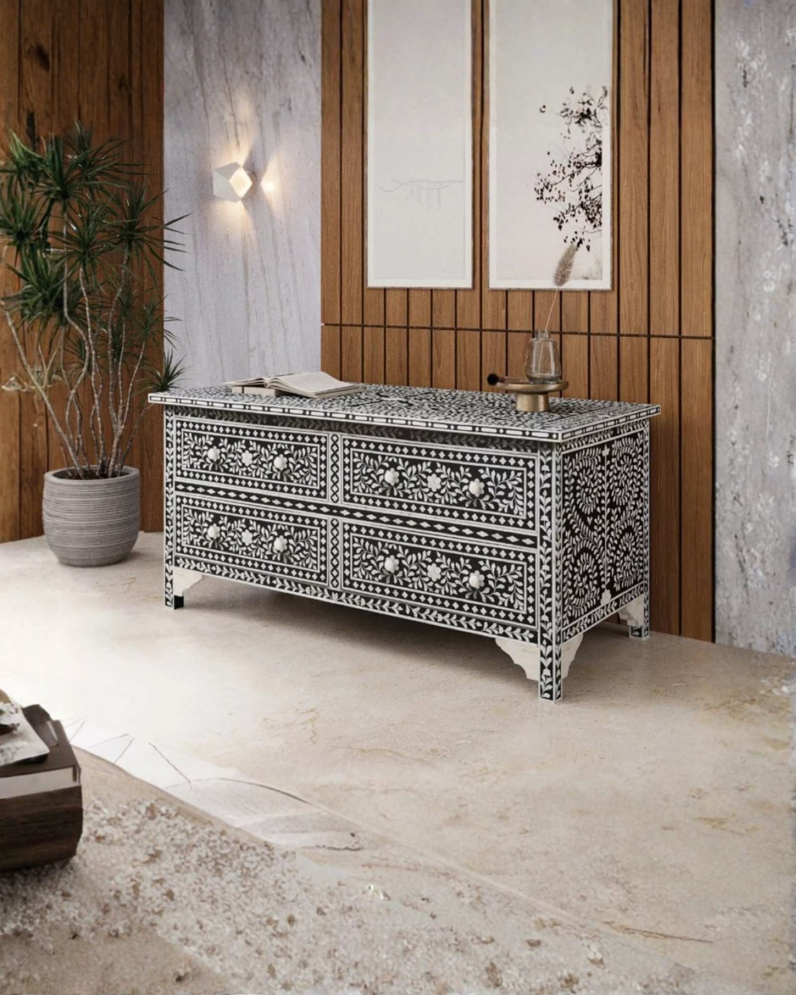 Featuring a Black Bone Inlay Chest of Drawer in floral pattern, the Iris collection enhances your space with intricately handcrafted designs that elevate your home and living aesthetics. 