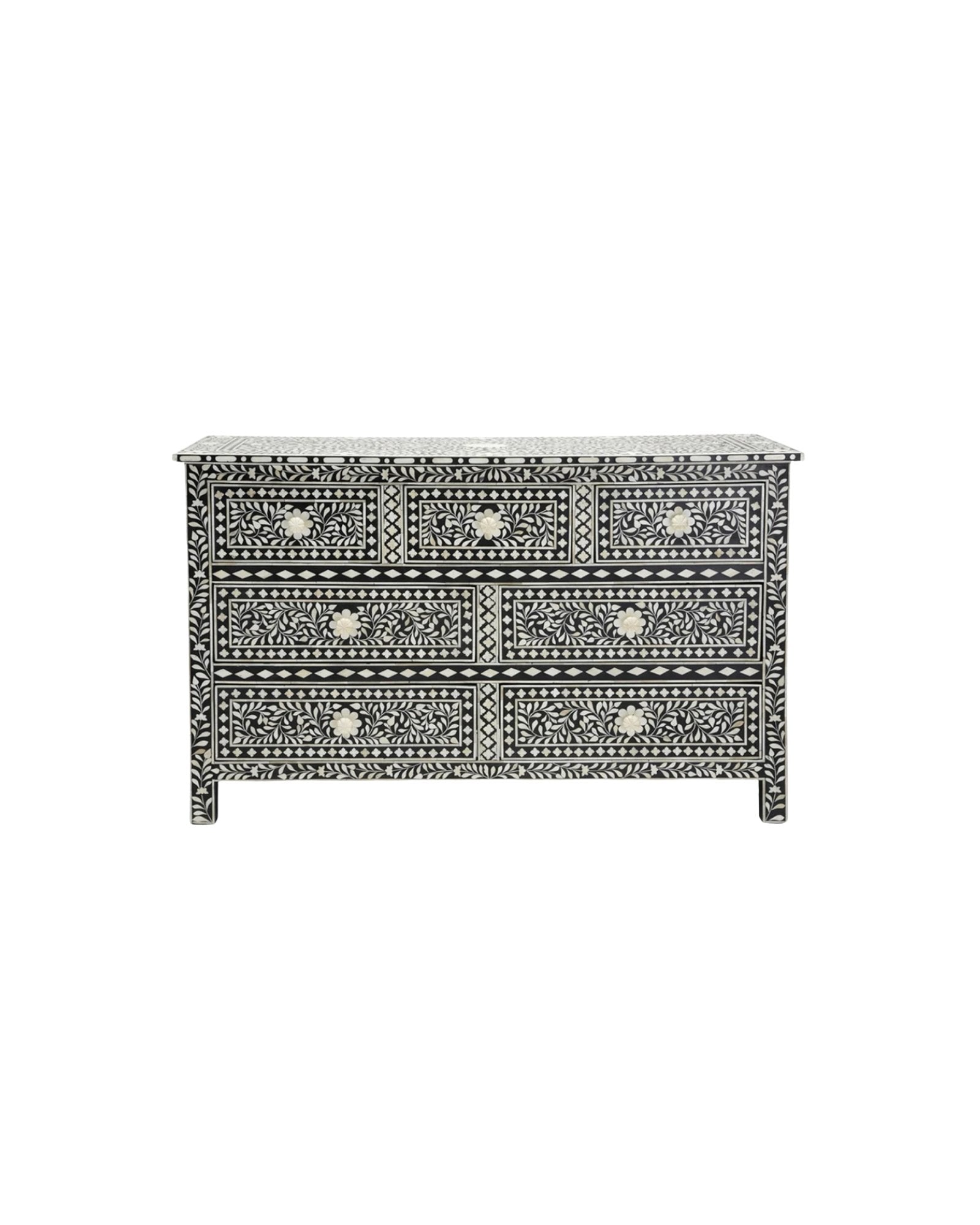 Featuring a Black Bone Inlay Chest of Drawer in floral pattern, the Iris collection enhances your space with intricately handcrafted designs that elevate your home and living aesthetics. 