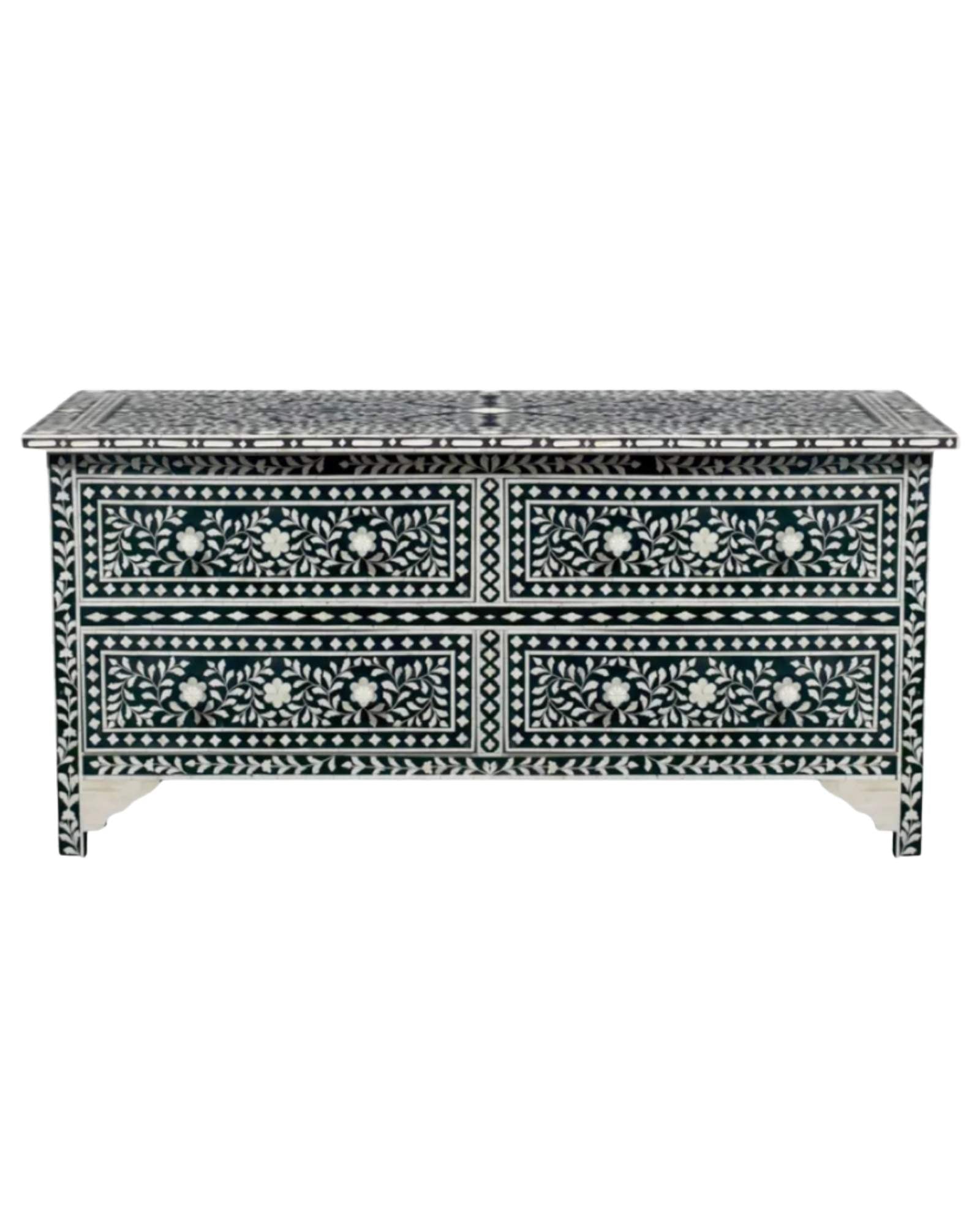 Featuring a Black Bone Inlay Chest of Drawer in floral pattern, the Iris collection enhances your space with intricately handcrafted designs that elevate your home and living aesthetics. 