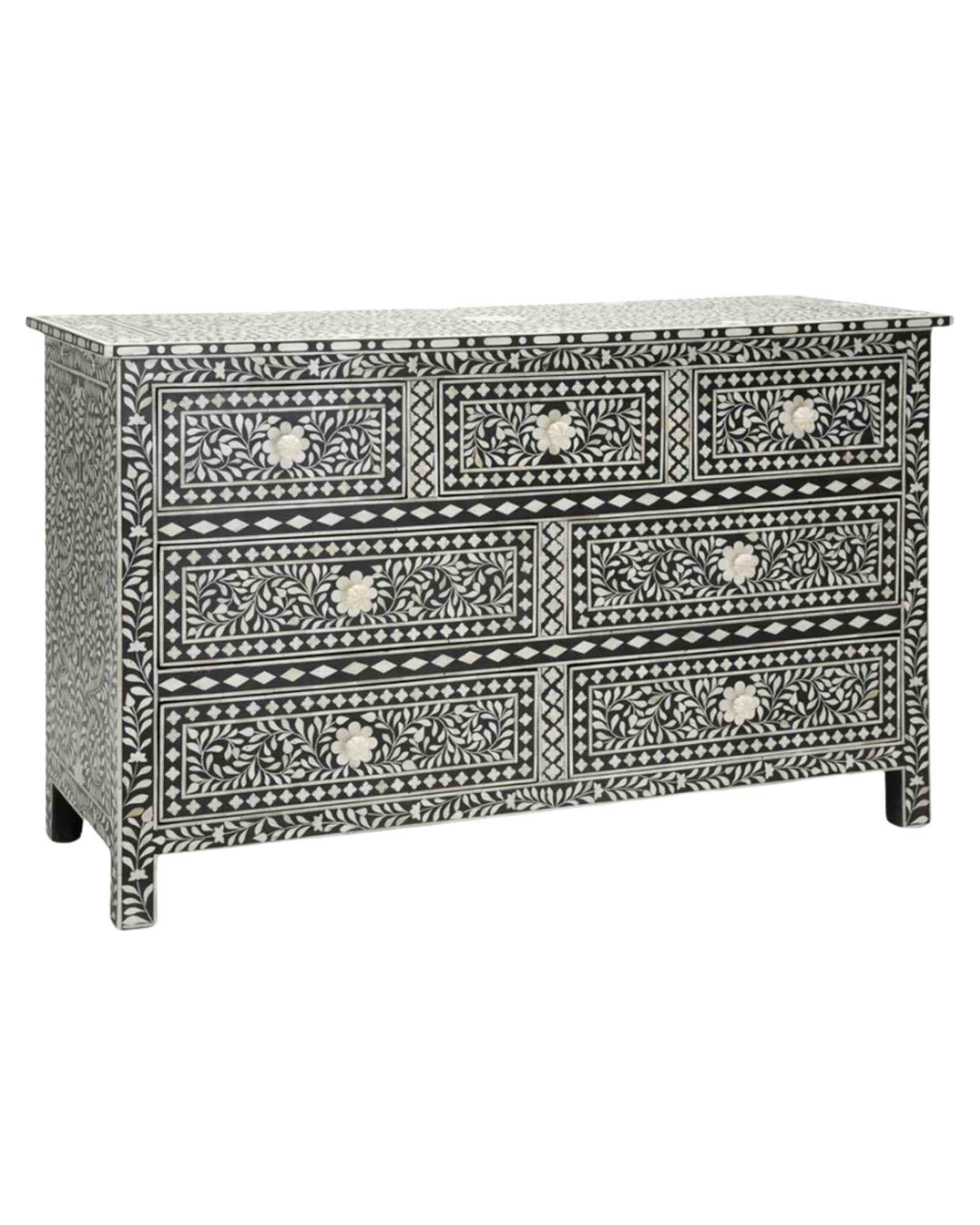 Featuring a Black Bone Inlay Chest of Drawer in floral pattern, the Iris collection enhances your space with intricately handcrafted designs that elevate your home and living aesthetics. 