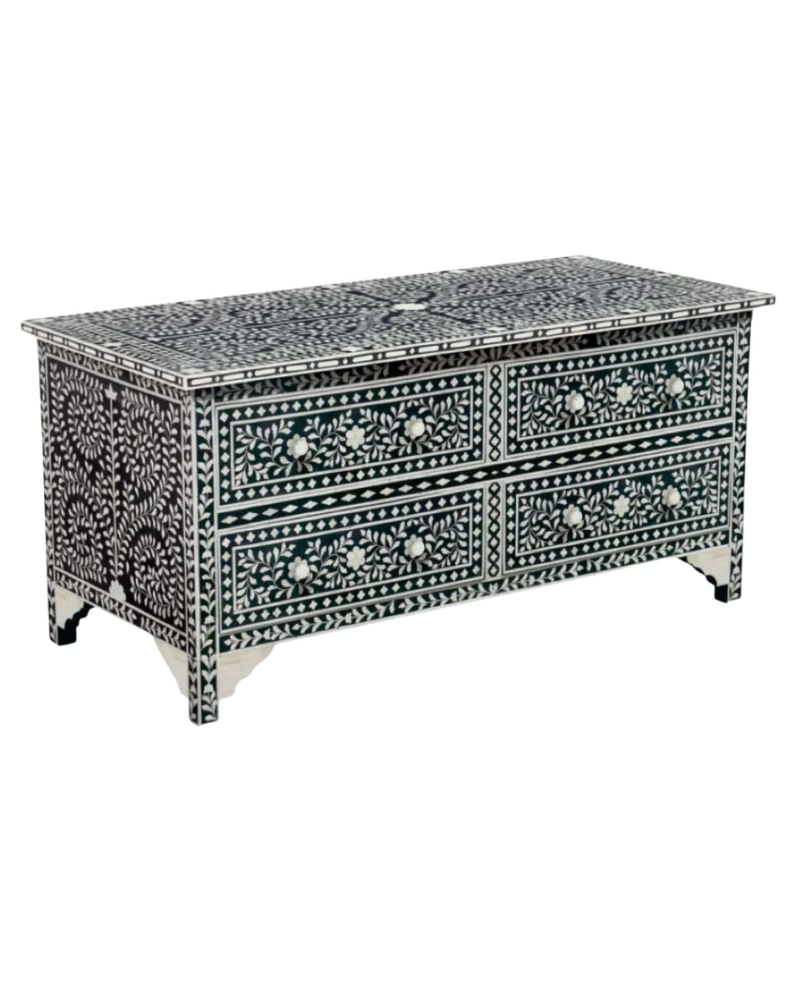 Featuring a Black Bone Inlay Chest of Drawer in floral pattern, the Iris collection enhances your space with intricately handcrafted designs that elevate your home and living aesthetics. 