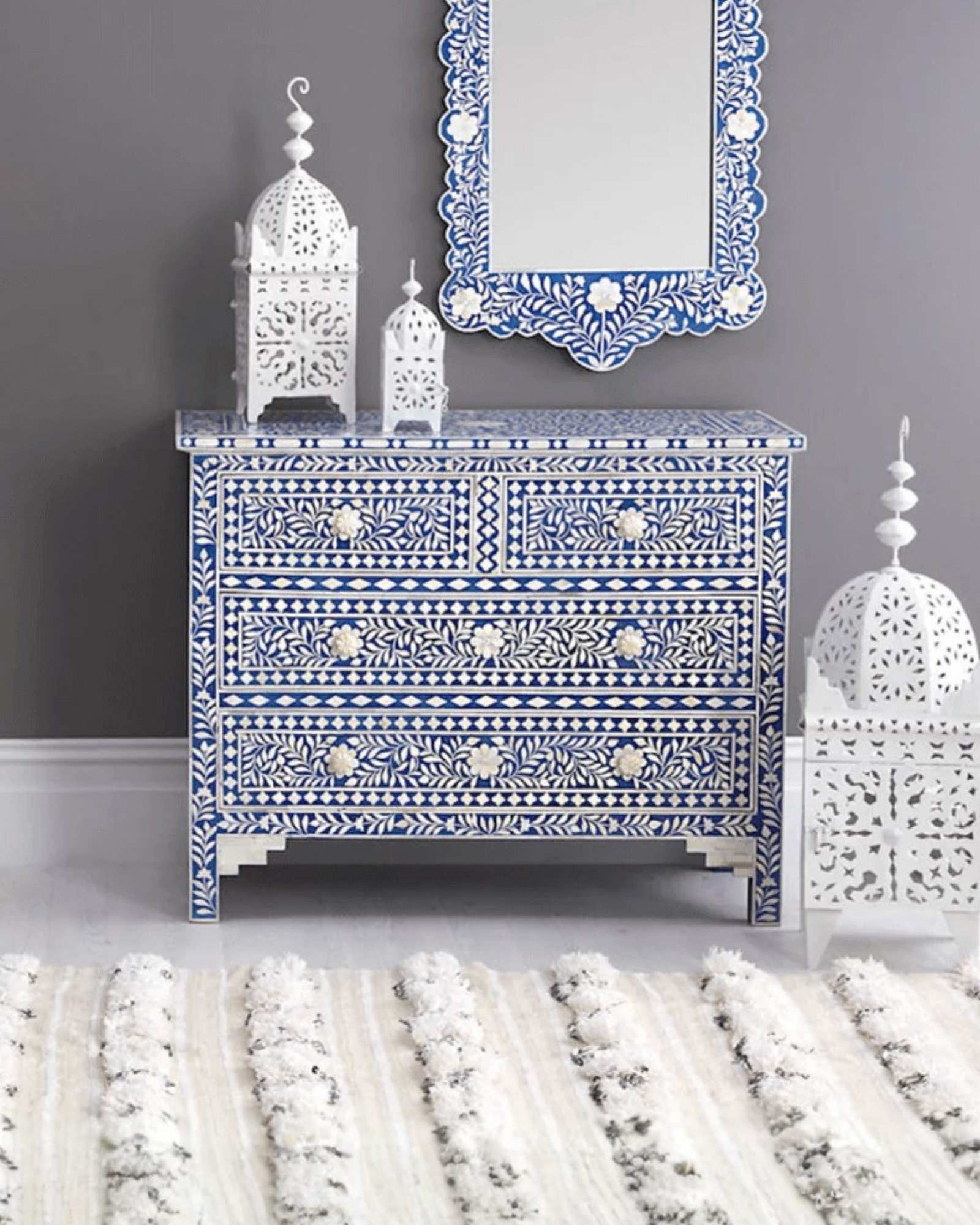 Featuring a Blue Bone Inlay Chest of Drawer in floral pattern, the Jade collection enhances your space with intricately handcrafted designs that elevate your home and living aesthetics. 